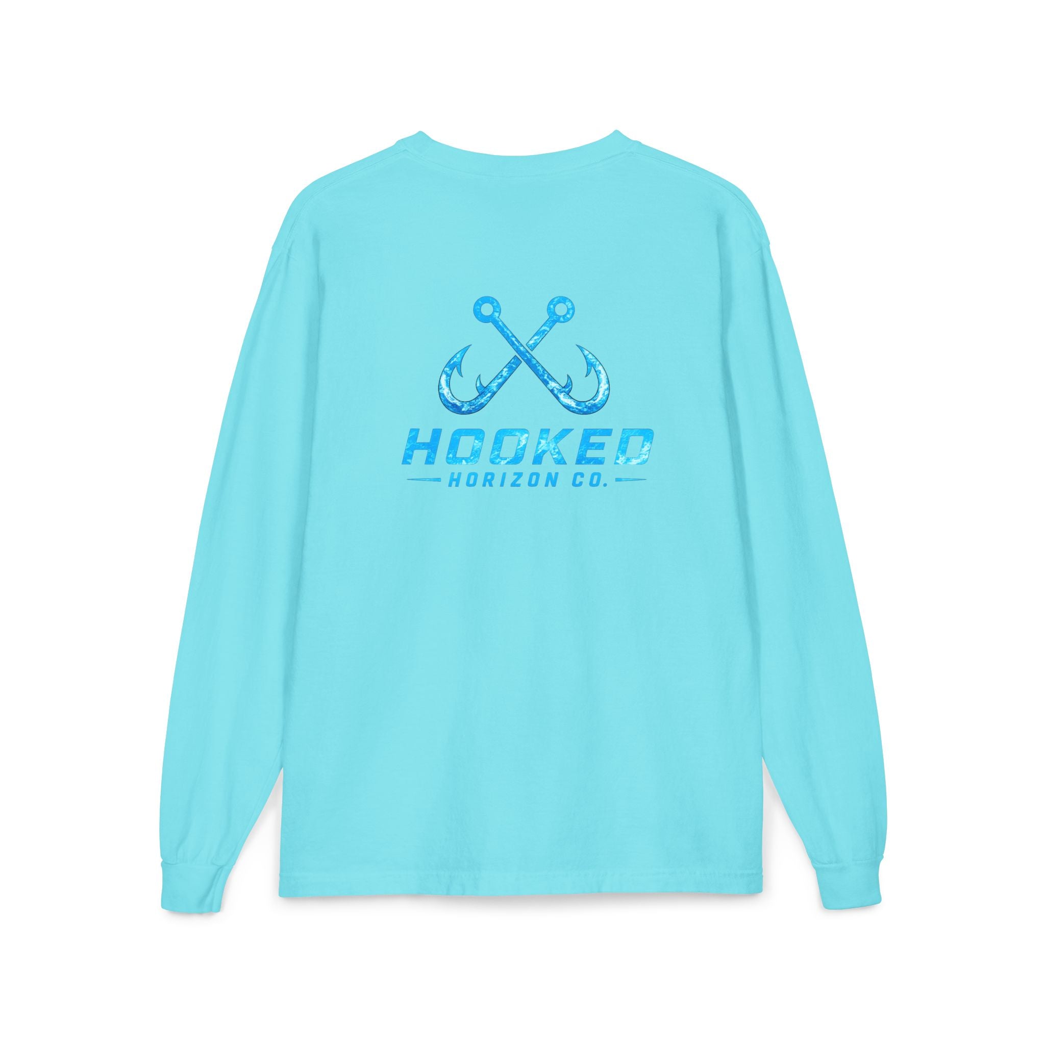 Bright Blue Hooked Horizon Co.  Classic Logo Unisex Long Sleeve Pocket T-Shirt