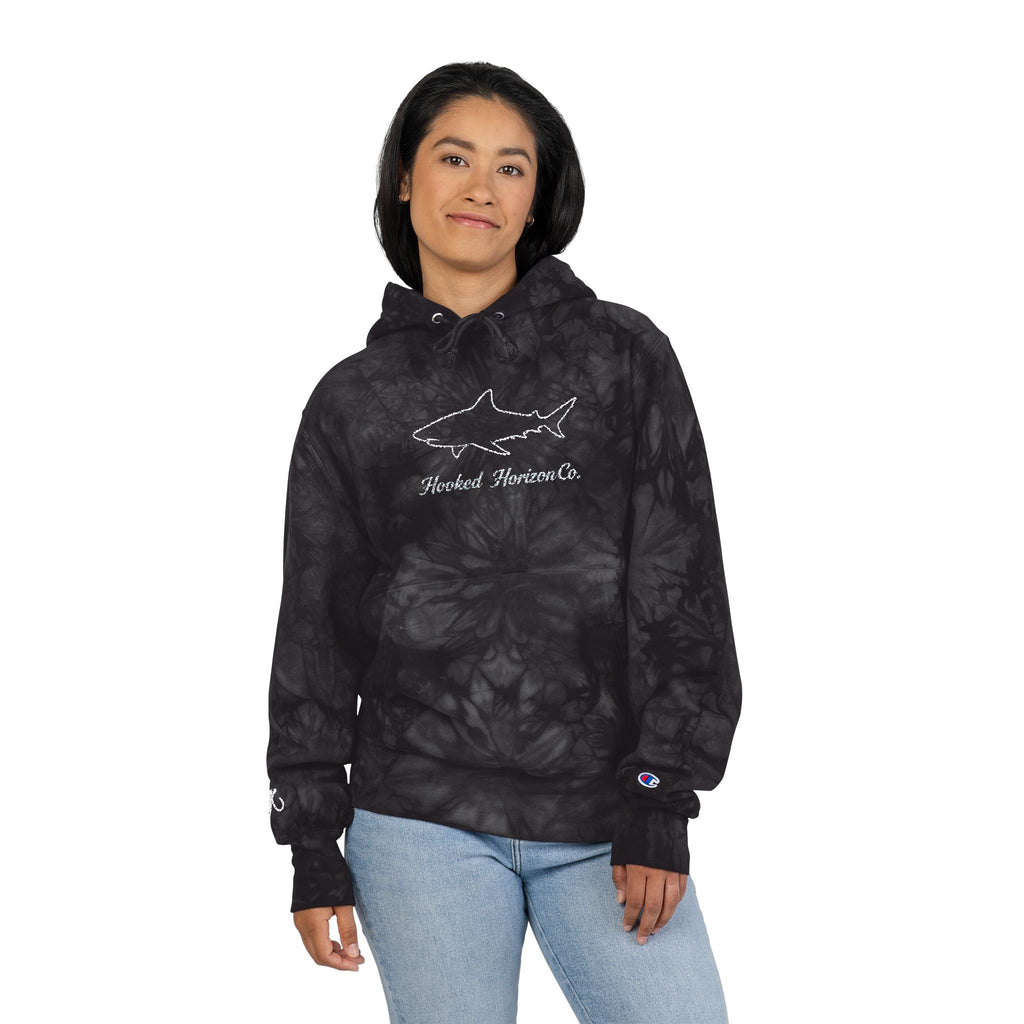 Deep Drift Chic Tie-Dye Hoodie with Embroidered Design | Unisex, Comfortable Hoodie for Everyday Wear, Gifts, Festivals, Casual Style, Trendy Apparel, Fishing Enthusiasts,  Angler Gifts, Him & Her,  Hooked Horizon Co.