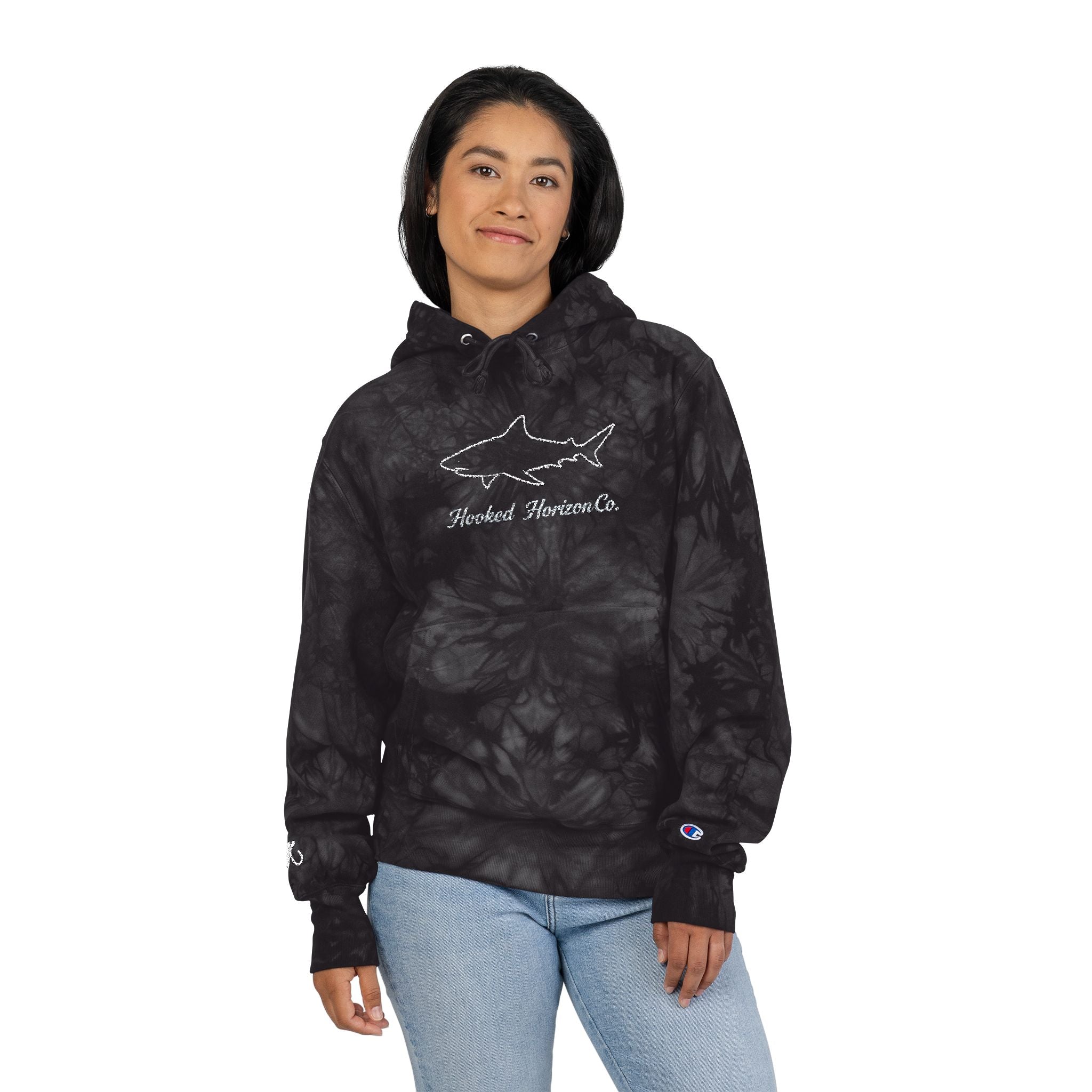 Deep Drift Chic Tie-Dye Hoodie with Embroidered Design | Unisex, Comfortable Hoodie for Everyday Wear, Gifts, Festivals, Casual Style, Trendy Apparel, Fishing Enthusiasts,  Angler Gifts, Him & Her,  Hooked Horizon Co.