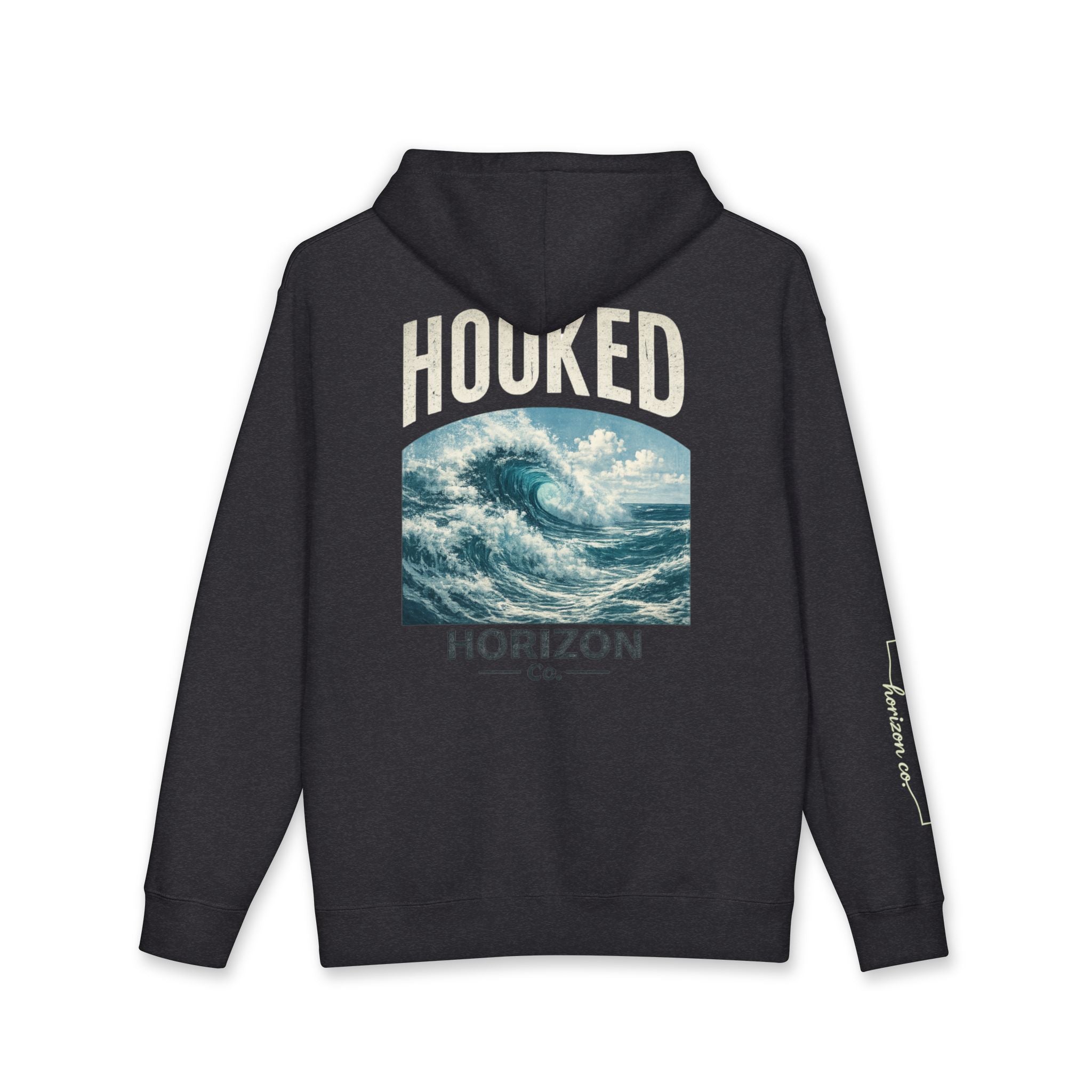 Wave Hoodie Hooked Horizon Co. — Minimal Fishing Back Graphic Hoodie, Multiple Color Variations