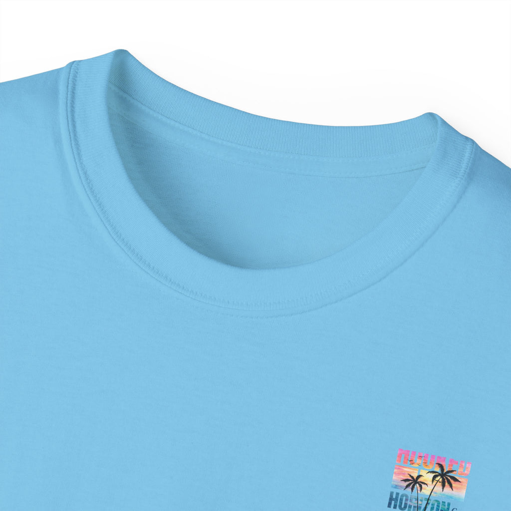 Sunset & Palm Tree T-Shirt — "Hooked" Boat & Horizon Graphic Tee, Multiple Color Variations