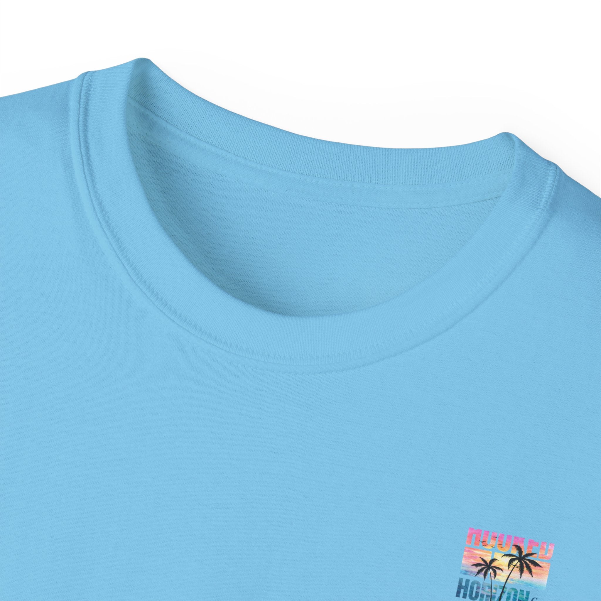 Sunset & Palm Tree T-Shirt — "Hooked" Boat & Horizon Graphic Tee, Multiple Color Variations