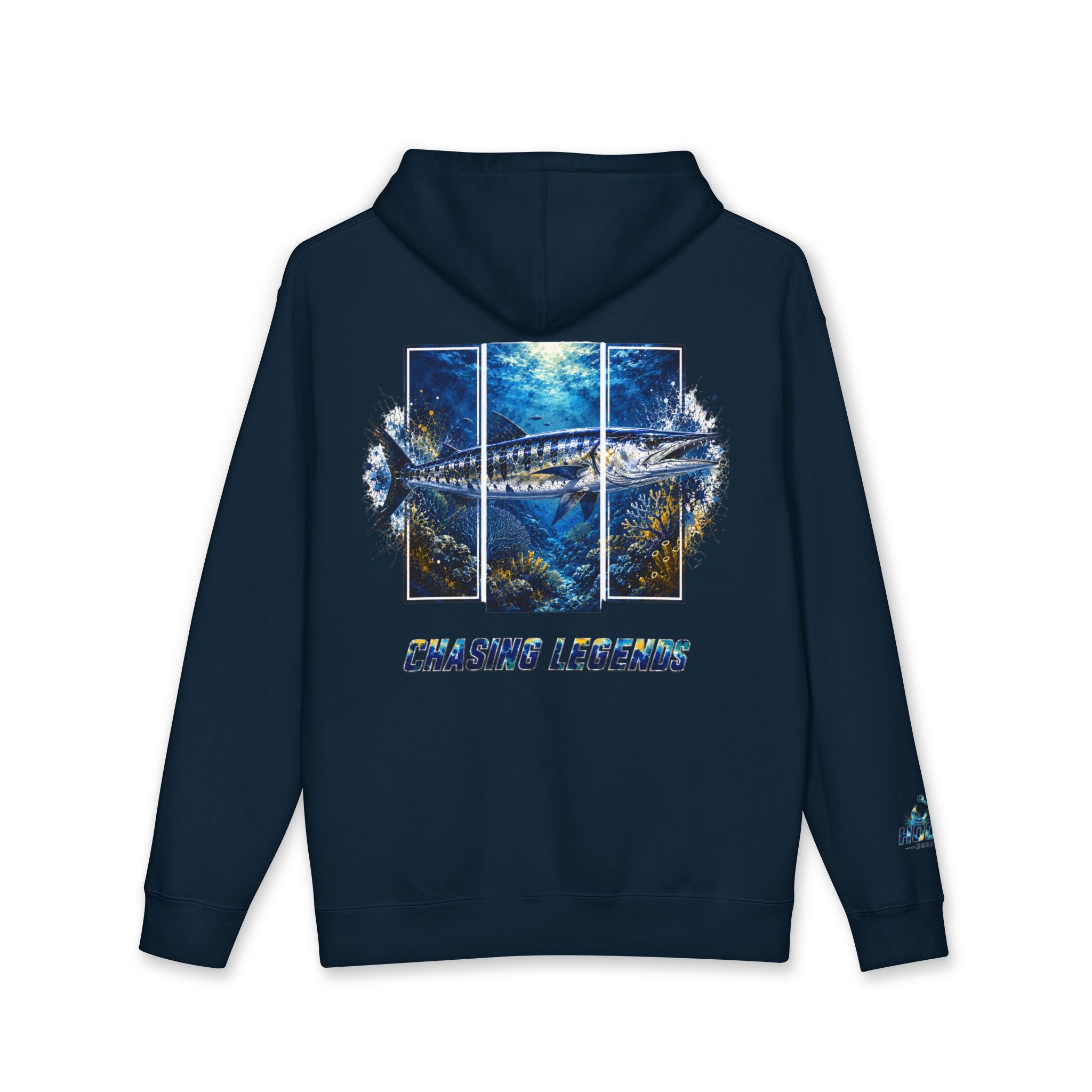 Barracuda Hoodie Hooked Horizon Co. — Fishing Back Graphic Hoodie, Multiple Color Variations