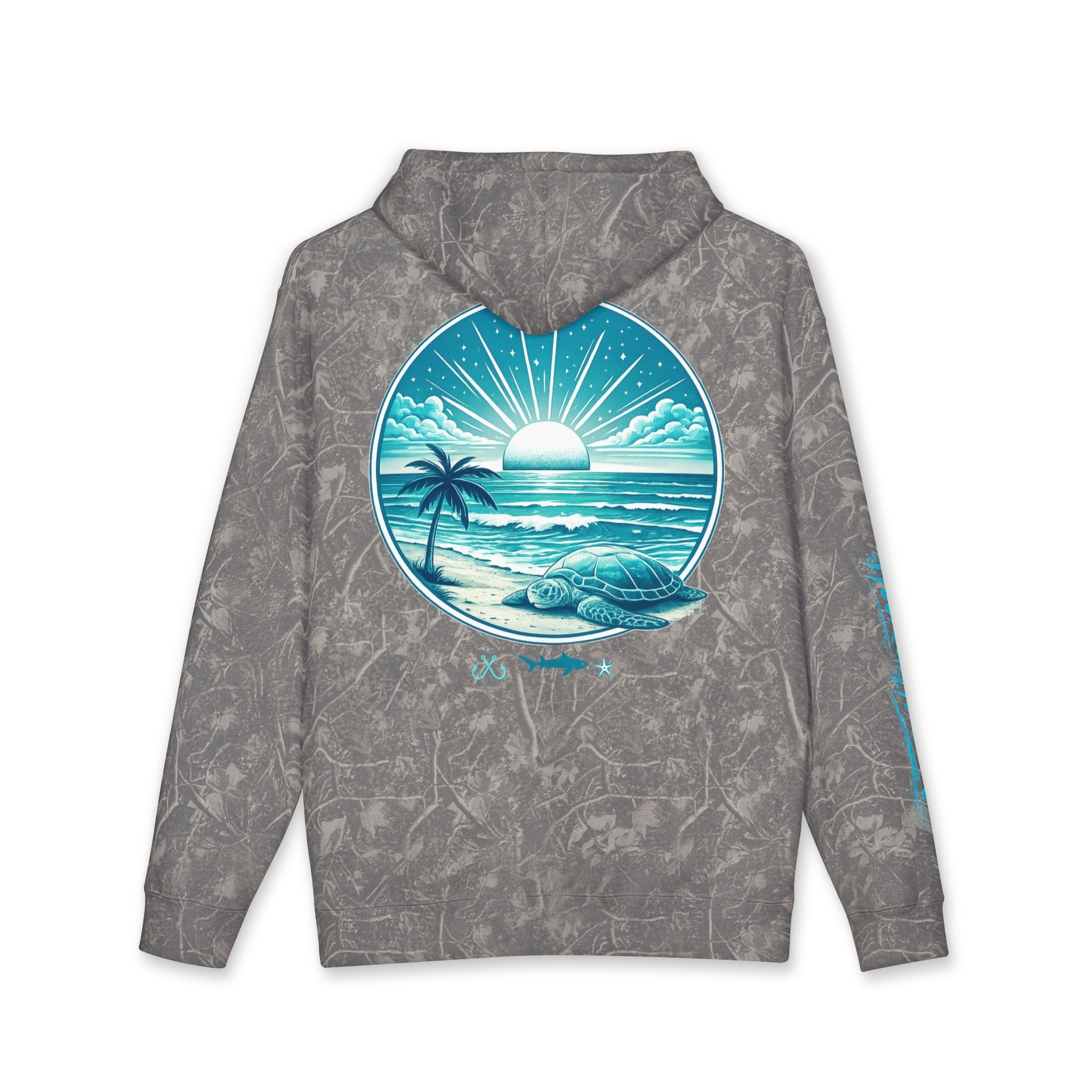 Sea Turtle & Sunset Hoodie Hooked Horizon Co. — Minimal Fishing Back Graphic Hoodie, Multiple Color Variations