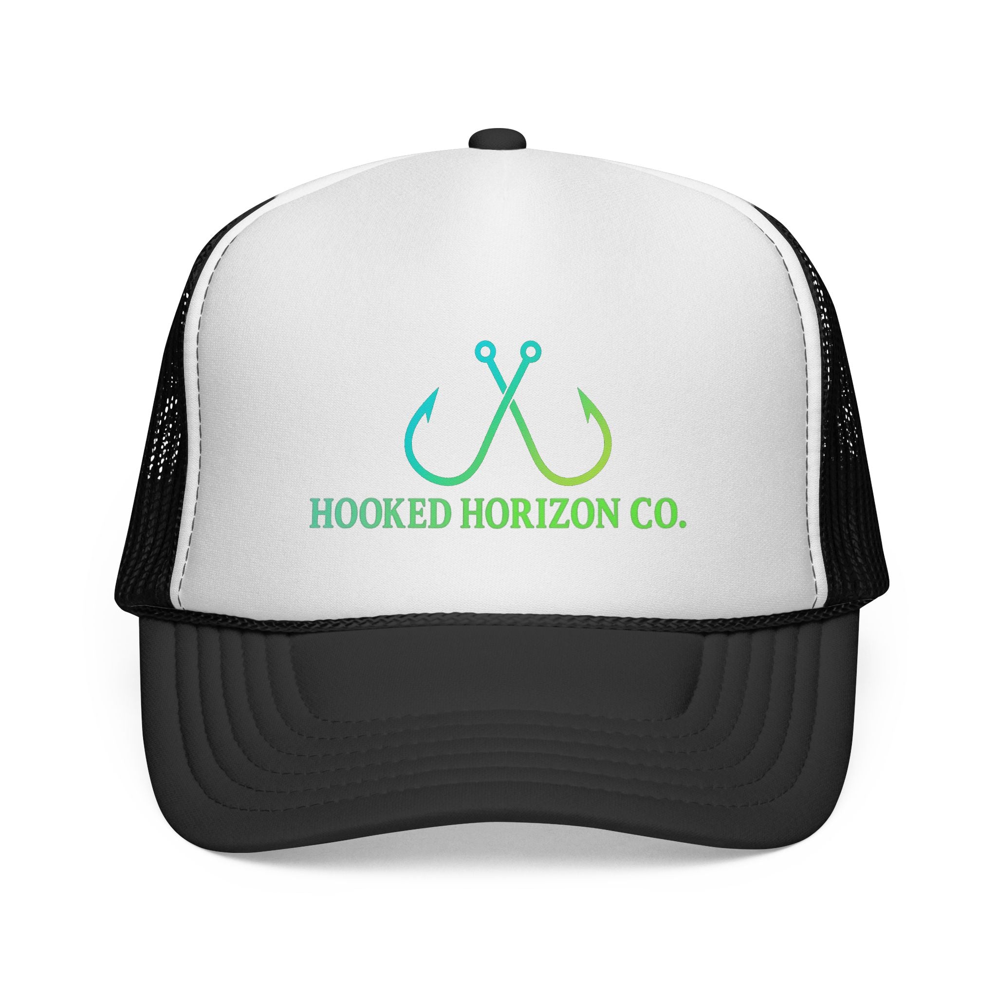 Sea Green & Teal Blue Trucker Cap — Hooked Horizon Co. Fishing Hooks Logo