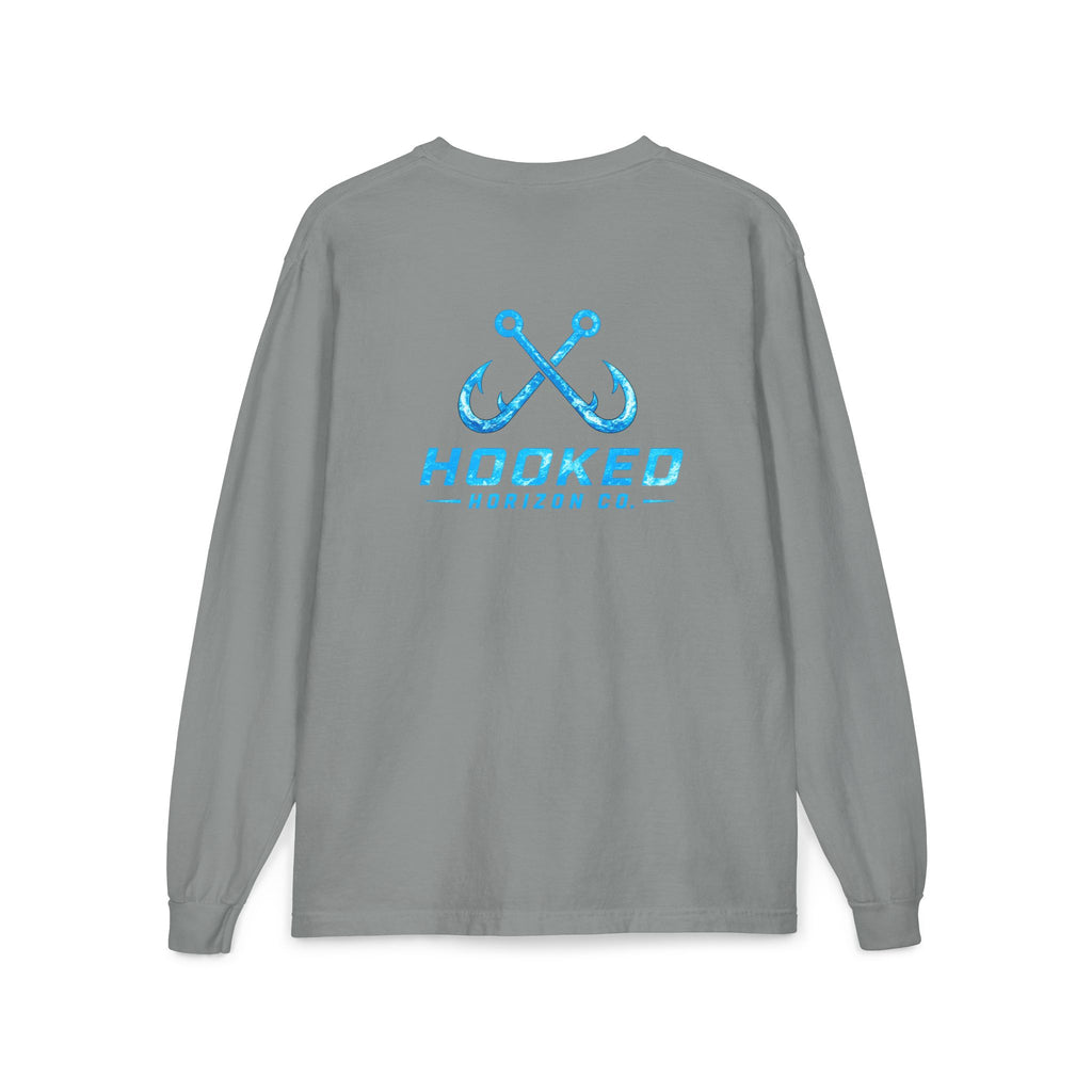 Bright Blue Hooked Horizon Co.  Classic Logo Unisex Long Sleeve Pocket T-Shirt