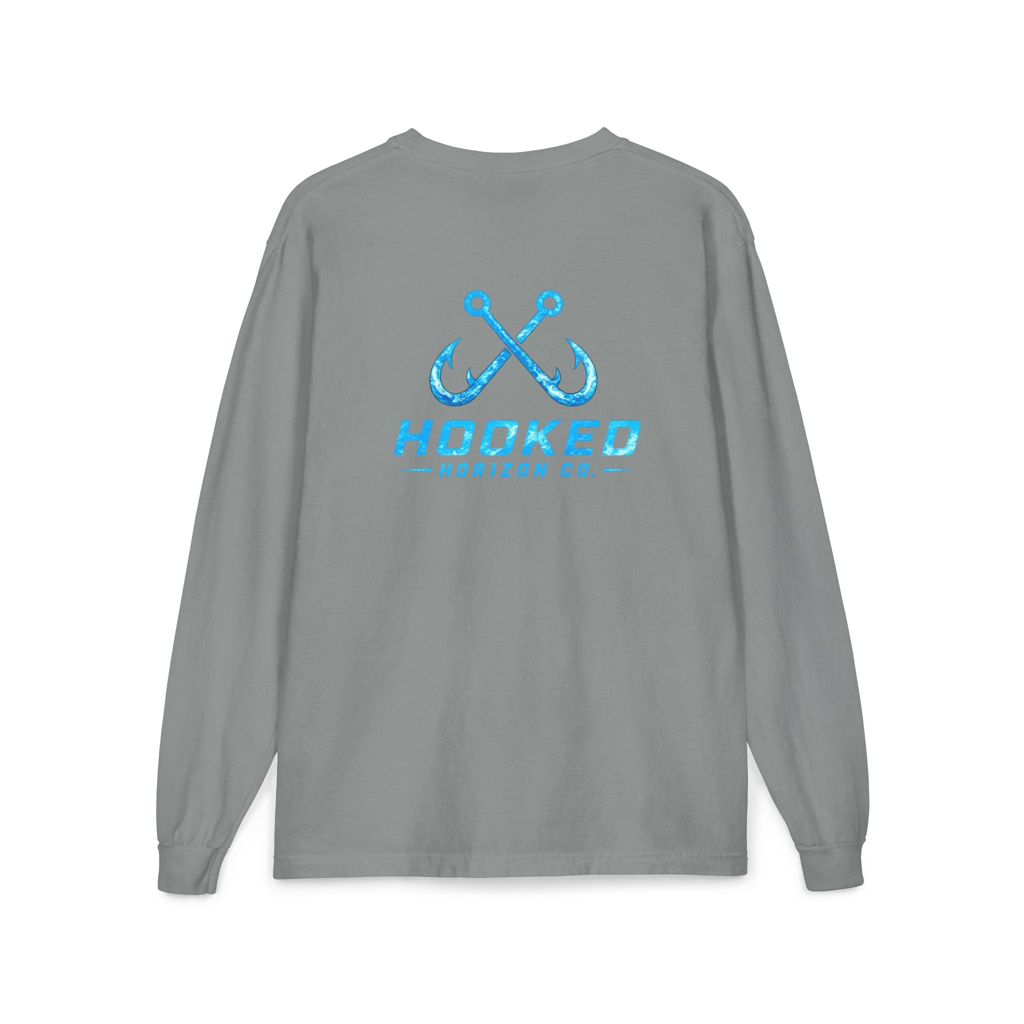Bright Blue Hooked Horizon Co.  Classic Logo Unisex Long Sleeve Pocket T-Shirt