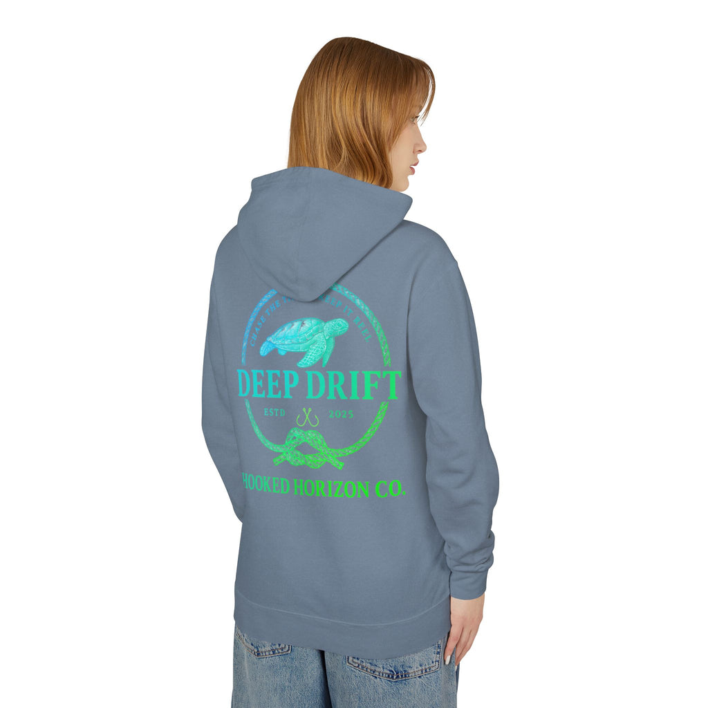 Hooked Horizon Co Green & Blue Unisex Lightweight Hoodie with Deep Drift Design | Perfect for Fishermen, Beach Lovers, Casual Outings, Gift for Him/Her, Nautical Style,  Ocean Lover Gifts