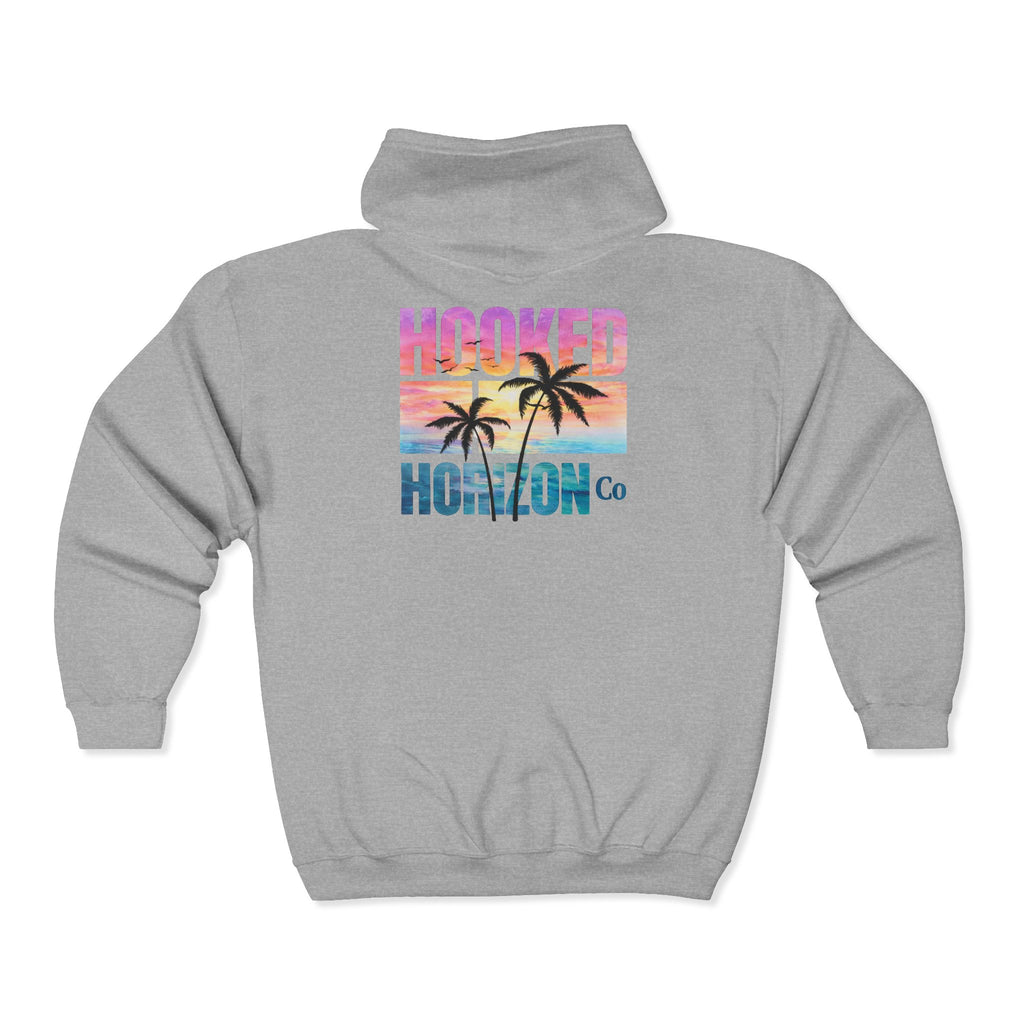 Hooked Horizon Co. Sunset & Palm Tree 90s Inspired Vacation Zip Hoodie - Tropical Palm Sunset Fishing Hoodie,  Multiple Color Variations