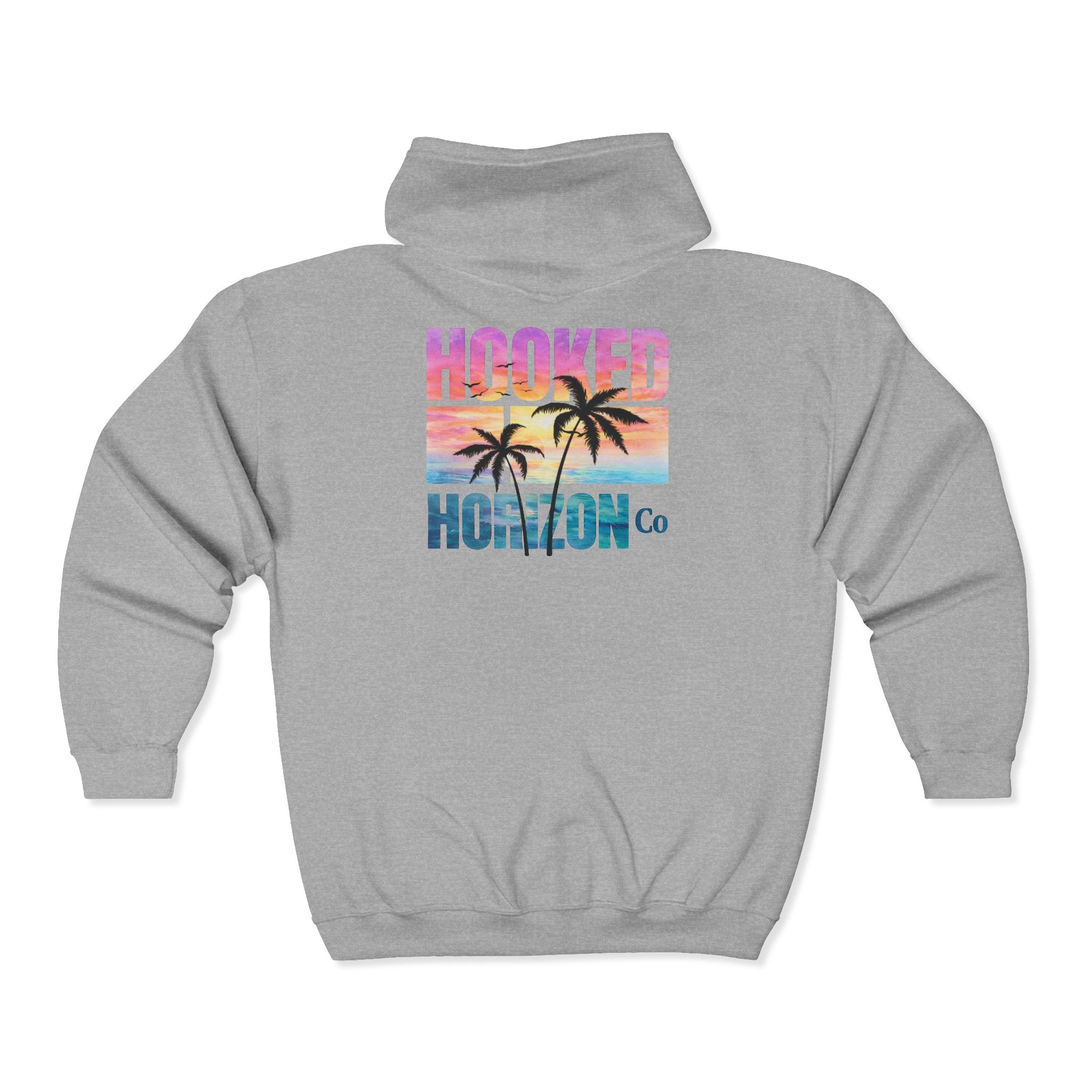 Hooked Horizon Co. Sunset & Palm Tree 90s Inspired Vacation Zip Hoodie - Tropical Palm Sunset Fishing Hoodie,  Multiple Color Variations