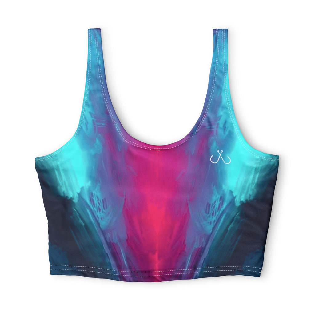 Teal & Pink Abstract Wave Sports Bra — Hooked Horizon Co. Racerbacck Activewear, Comfortable Activewear, Fitness Pants, Ideal for Gym, Yoga, and Weekend Brunch
