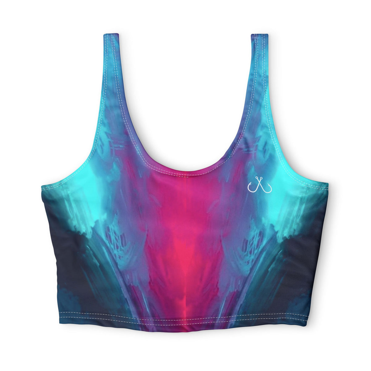 Teal & Pink Abstract Wave Sports Bra — Hooked Horizon Co. Racerbacck Activewear, Comfortable Activewear, Fitness Pants, Ideal for Gym, Yoga, and Weekend Brunch