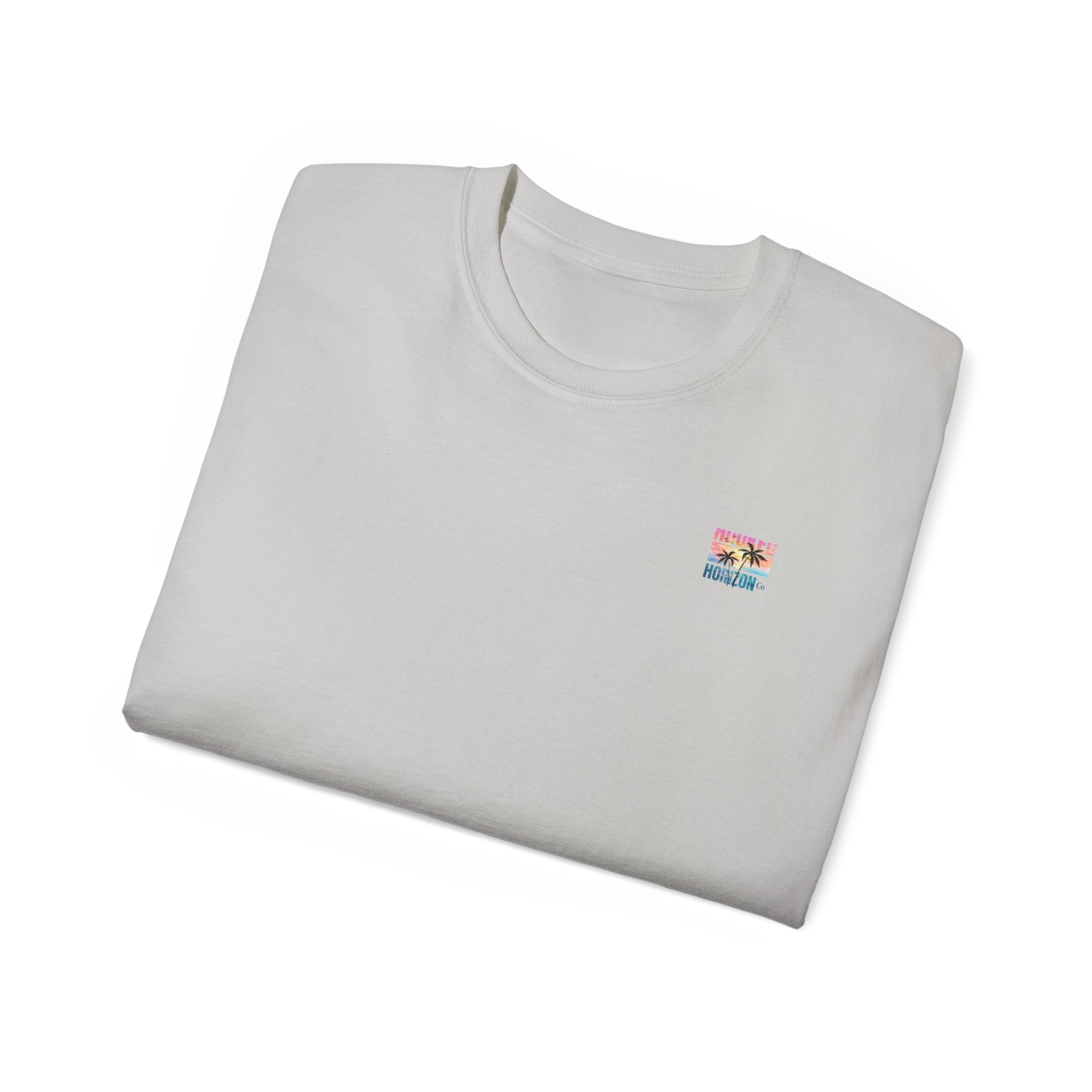 Sunset & Palm Tree T-Shirt — "Hooked" Boat & Horizon Graphic Tee, Multiple Color Variations