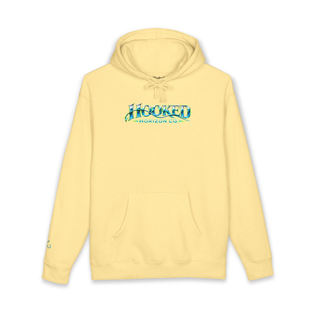 Barracuda Like Green Logo Hoodie—Hooked Horizon Co. — Fishing Back Graphic Hoodie, Multiple Color Variations