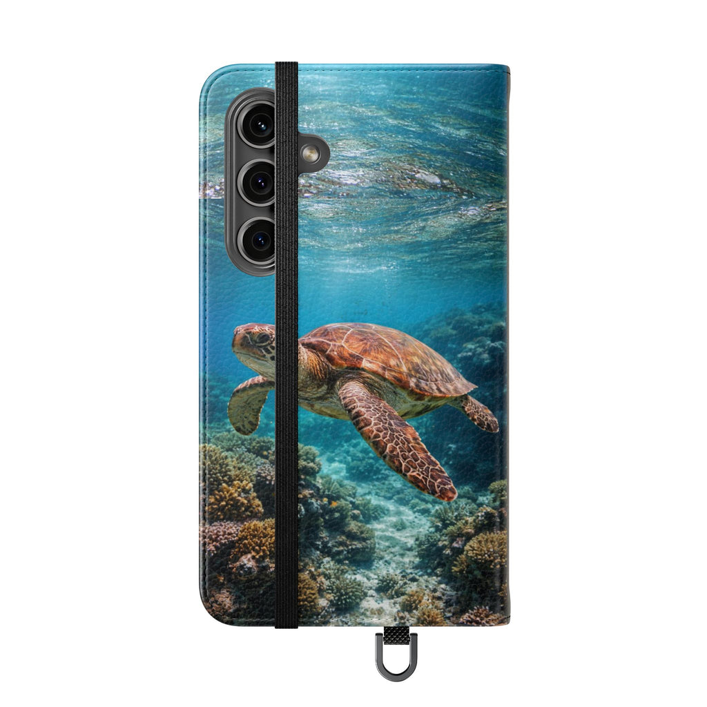 Turtle Hooked Horizon Co Flip Phone Case — Turquoise Water Pattern Wallet Cover