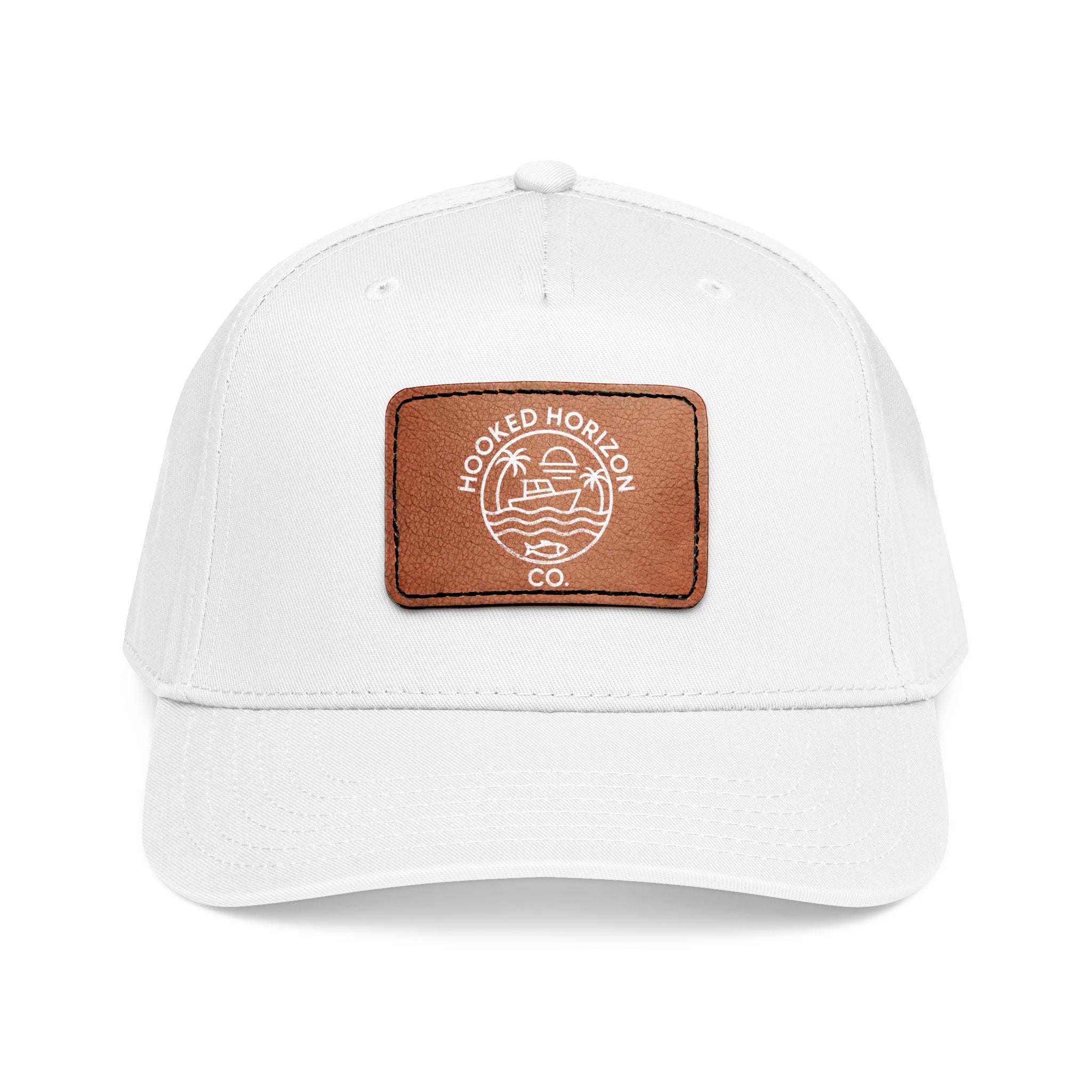 Hooked Horizon Co. 80s Inspired Logo–Leather Patch Baseball Cap — Hooked Horizon Co. Fishing Boat, Multiple Color Variations