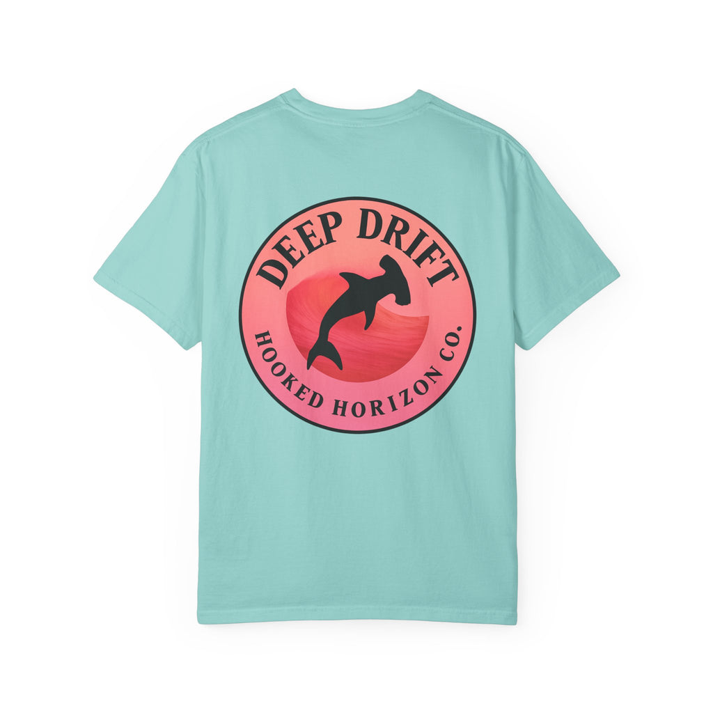 Deep Drift Fishing T-Shirt - Pink & Peach Fishing Tee for Angler Lovers, Pink Ombre, Hammer Head Shark Tee, Ocean-inspired