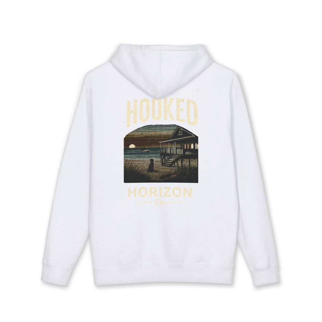 Dog & Sunset Hoodie Hooked Horizon Co. — Minimal Fishing Back Graphic Hoodie, Multiple Color Variations