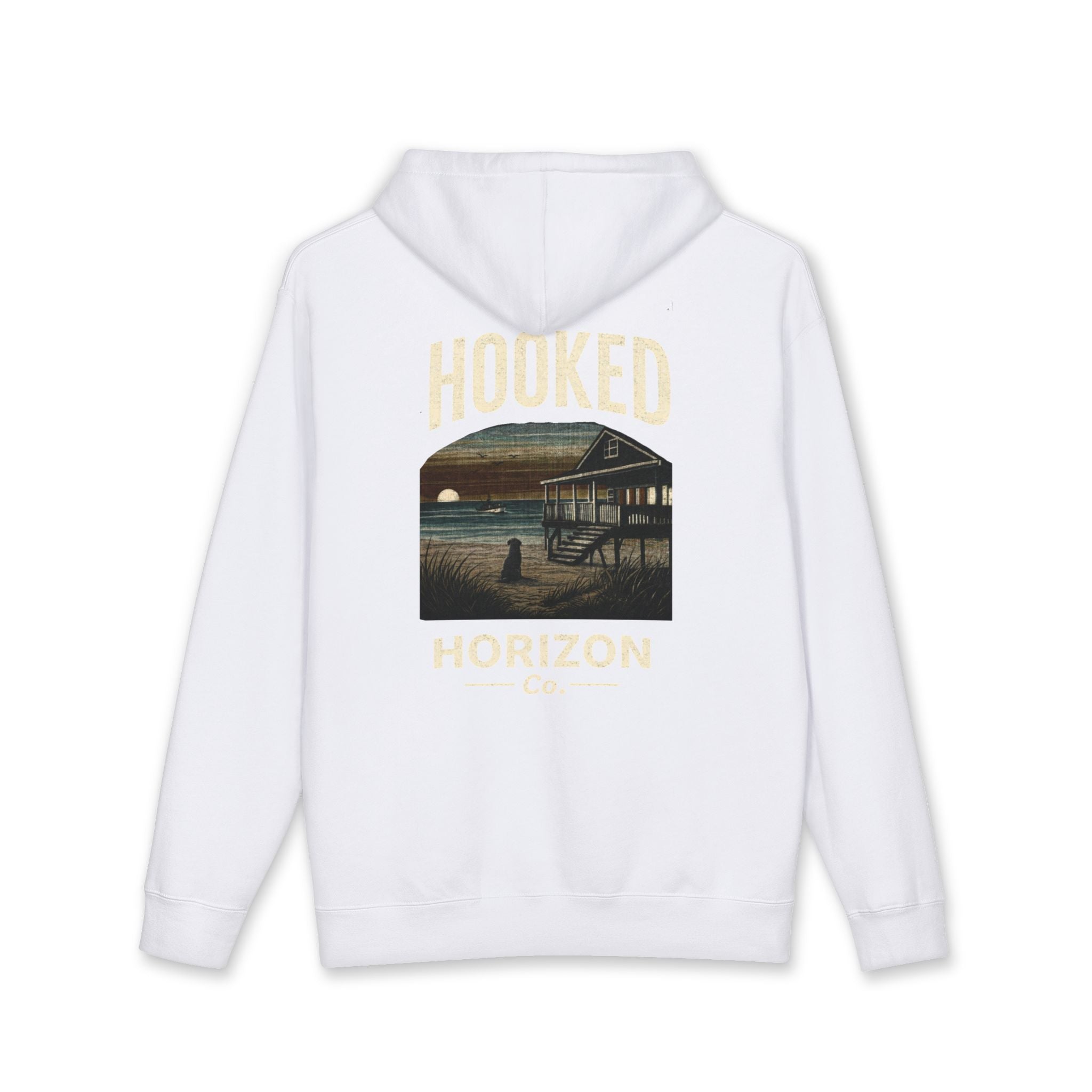 Dog & Sunset Hoodie Hooked Horizon Co. — Minimal Fishing Back Graphic Hoodie, Multiple Color Variations