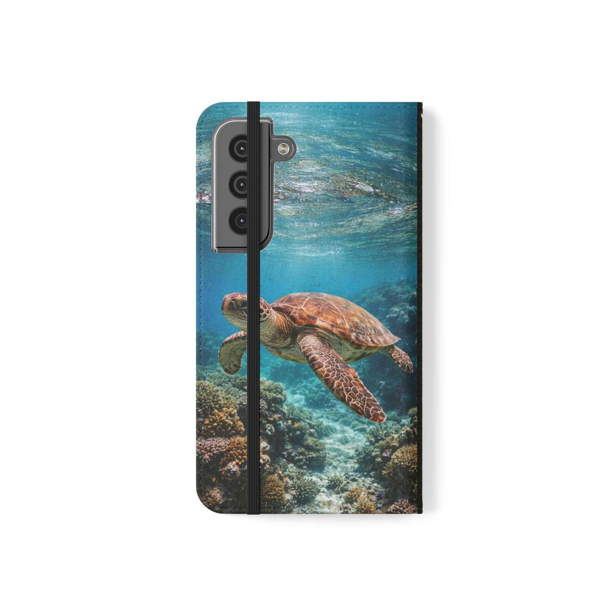 Turtle Hooked Horizon Co Flip Phone Case — Turquoise Water Pattern Wallet Cover