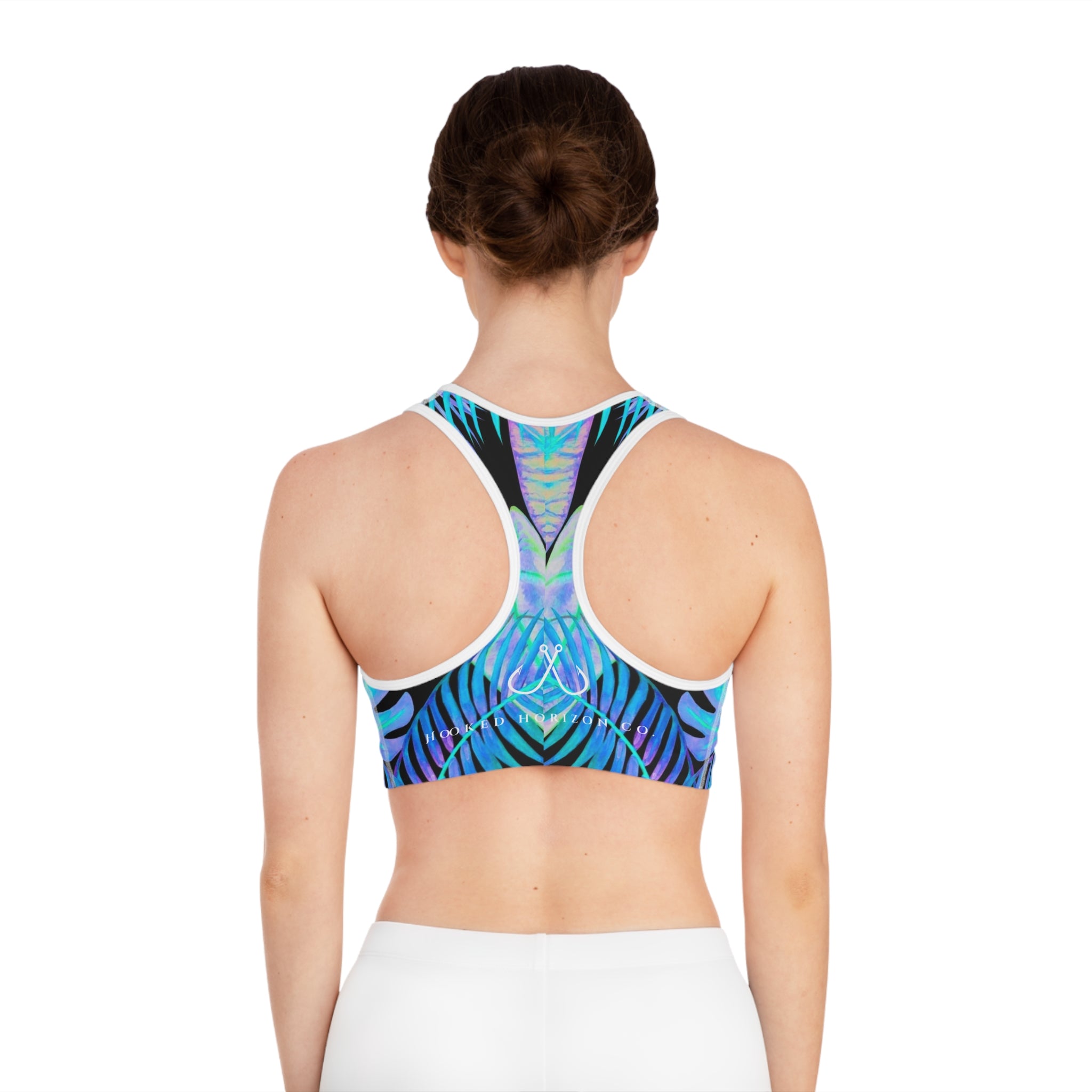 Tropical Blue Feather Palm Sports Bra —Hooked Horizon Co. Stylish Sports Bra for Activewear, Workout Top, Gym Essential, Fitness Apparel, Athleisure Wear, Yoga Gear