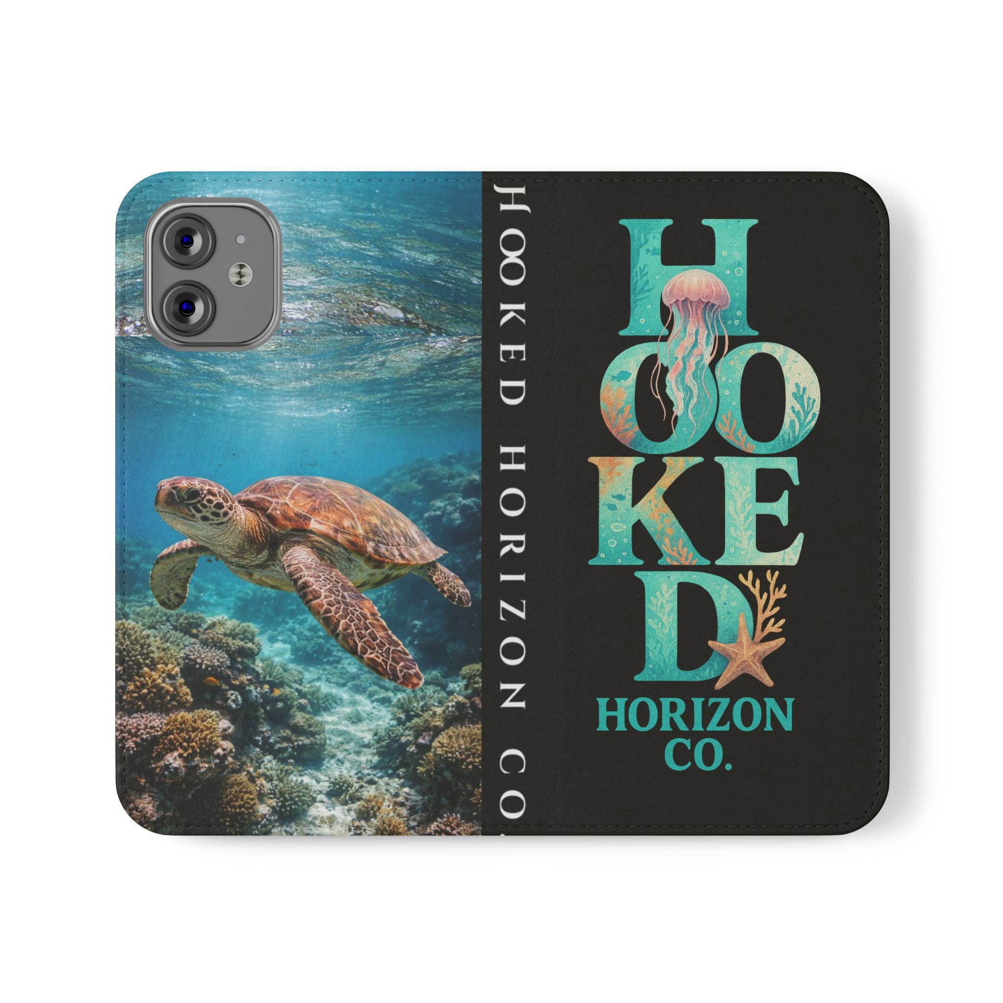 Turtle Hooked Horizon Co Flip Phone Case — Turquoise Water Pattern Wallet Cover