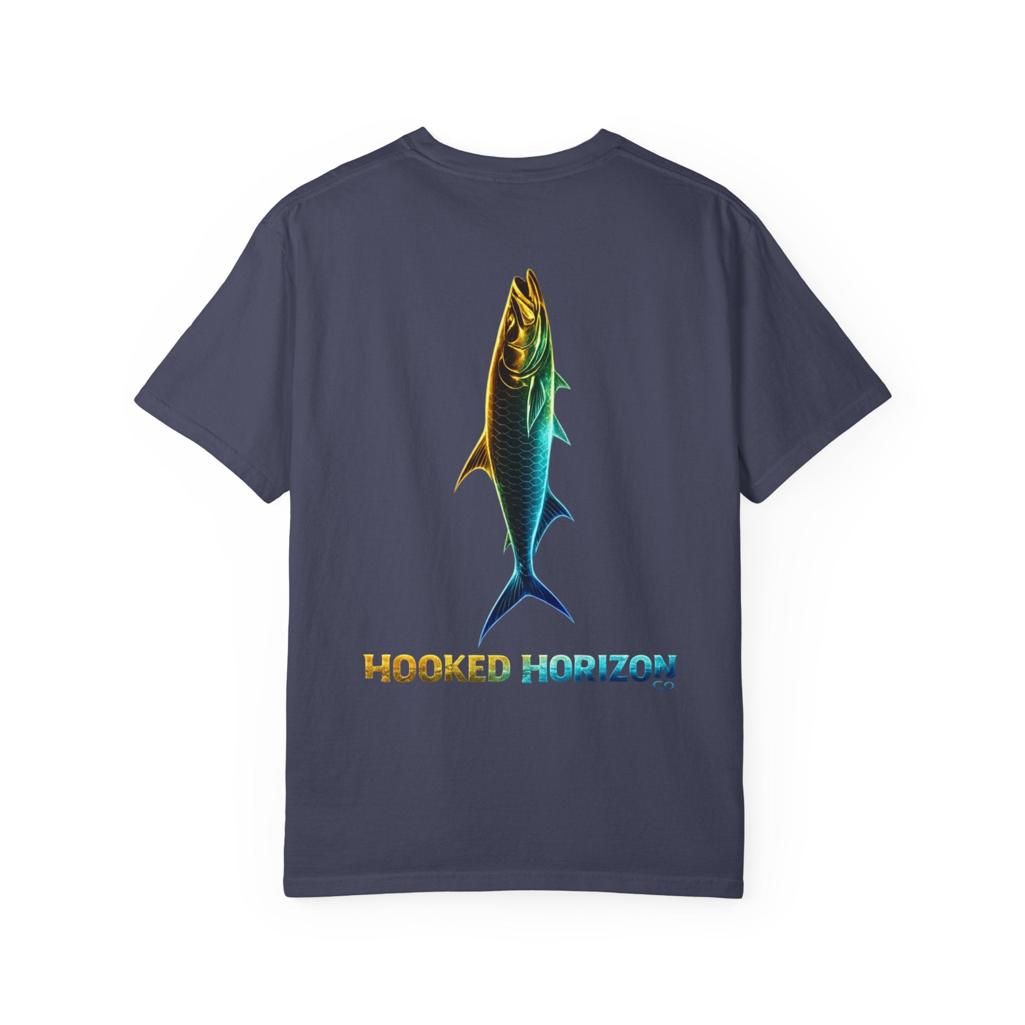 Gold & Blue Tarpon Hooked Horizon Co. — Deep Drift Fishing Graphicishing Tee for Angler Lovers, Shark Lovers, Ocean Tee