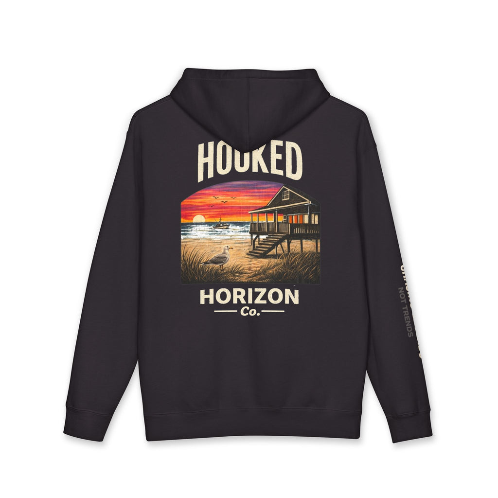 Seagull & Red Sunset Hoodie Hooked Horizon Co. — Minimal Fishing Back Graphic Hoodie, Multiple Color Variations