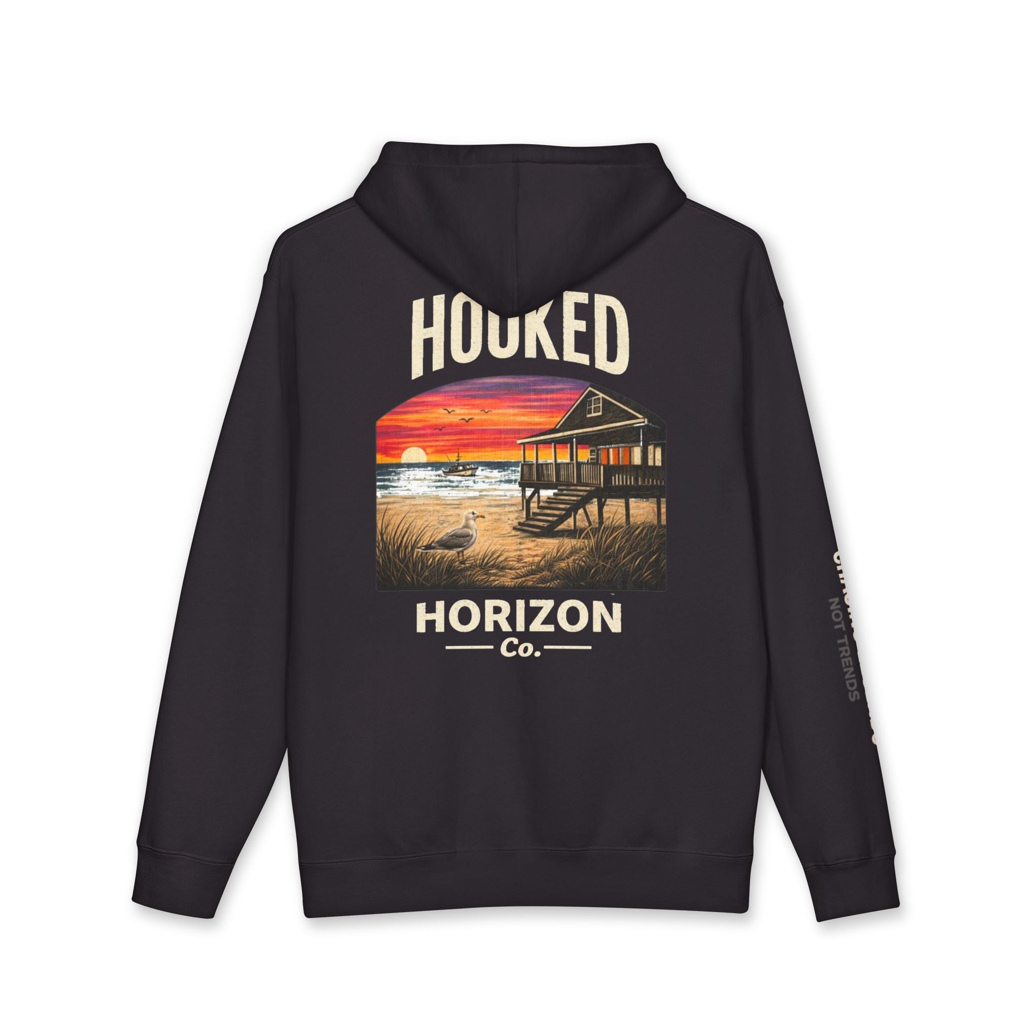 Seagull & Red Sunset Hoodie Hooked Horizon Co. — Minimal Fishing Back Graphic Hoodie, Multiple Color Variations