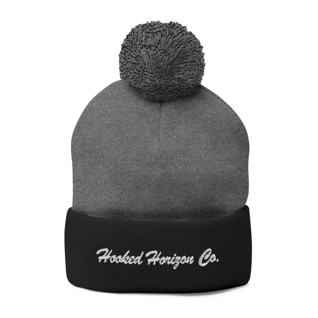 Hooked Horizon Co. Embroidered Pom-Pom Knit Cap — Cozy Grey Beanie with Multiple Color Variations