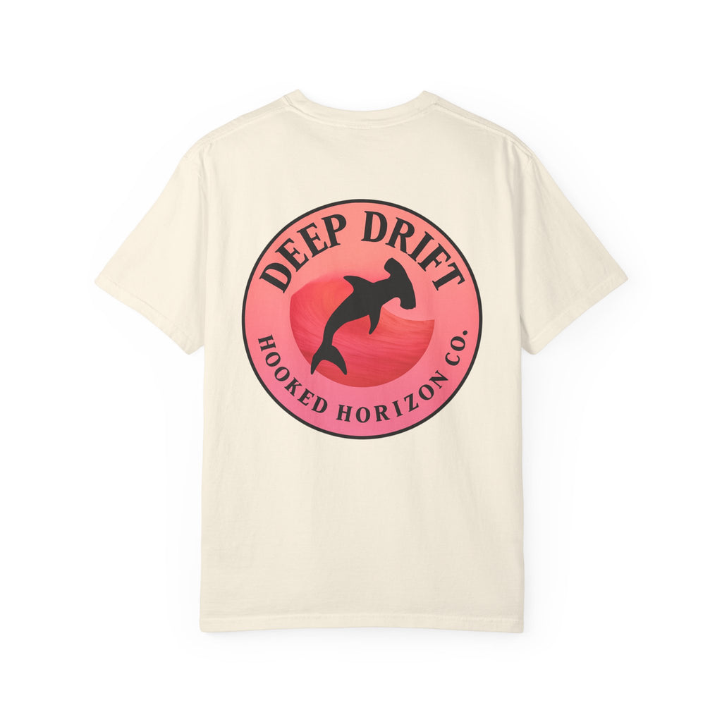 Deep Drift Fishing T-Shirt - Pink & Peach Fishing Tee for Angler Lovers, Pink Ombre, Hammer Head Shark Tee, Ocean-inspired