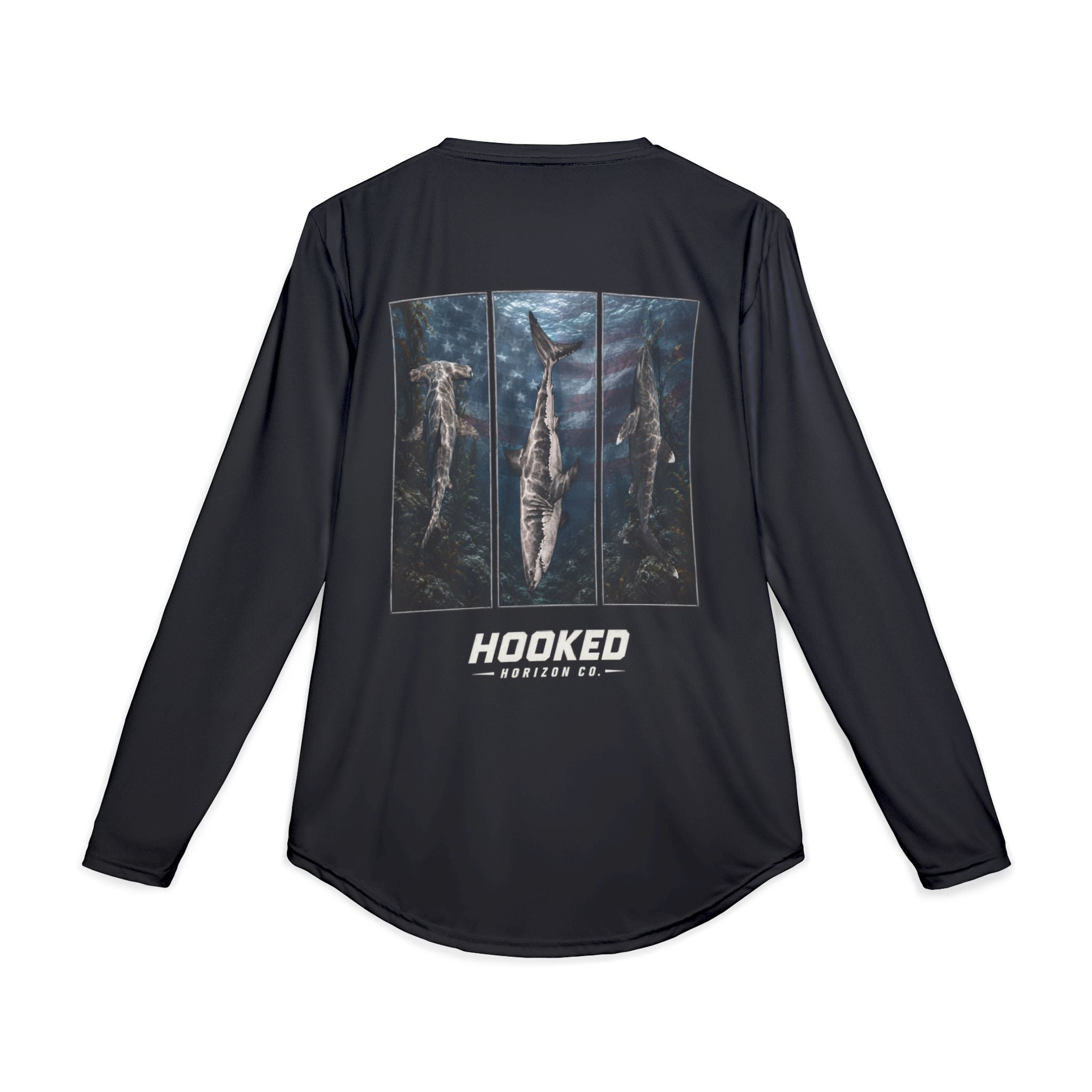 USA Triple Shark Hooked Horizon Co — Men's Long Sleeve UV Shirt — Chasing Legends Not Trends Graphic Performance Tee
