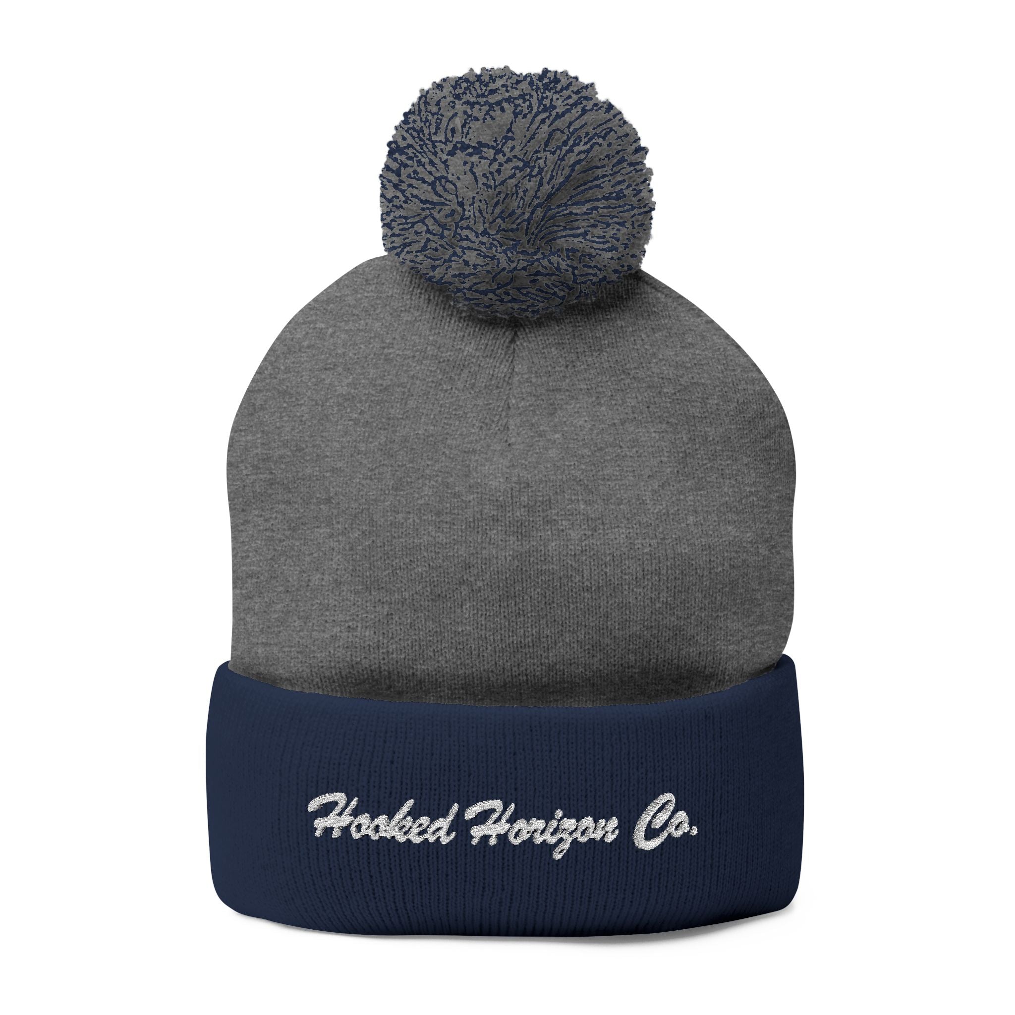 Hooked Horizon Co. Embroidered Pom-Pom Knit Cap — Cozy Grey Beanie with Multiple Color Variations