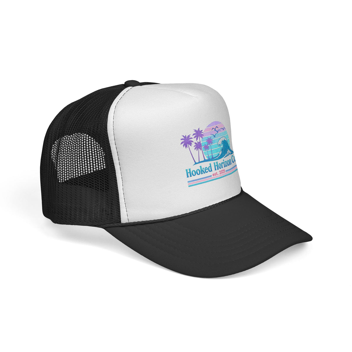 Hooked Horizon Co.  Wave, Sunset & Palm Tree 90s Inspired Trucker Cap in Purple & Blue — Outdoor & Beach Hat Ocean Conservation Gifts For Him & Her