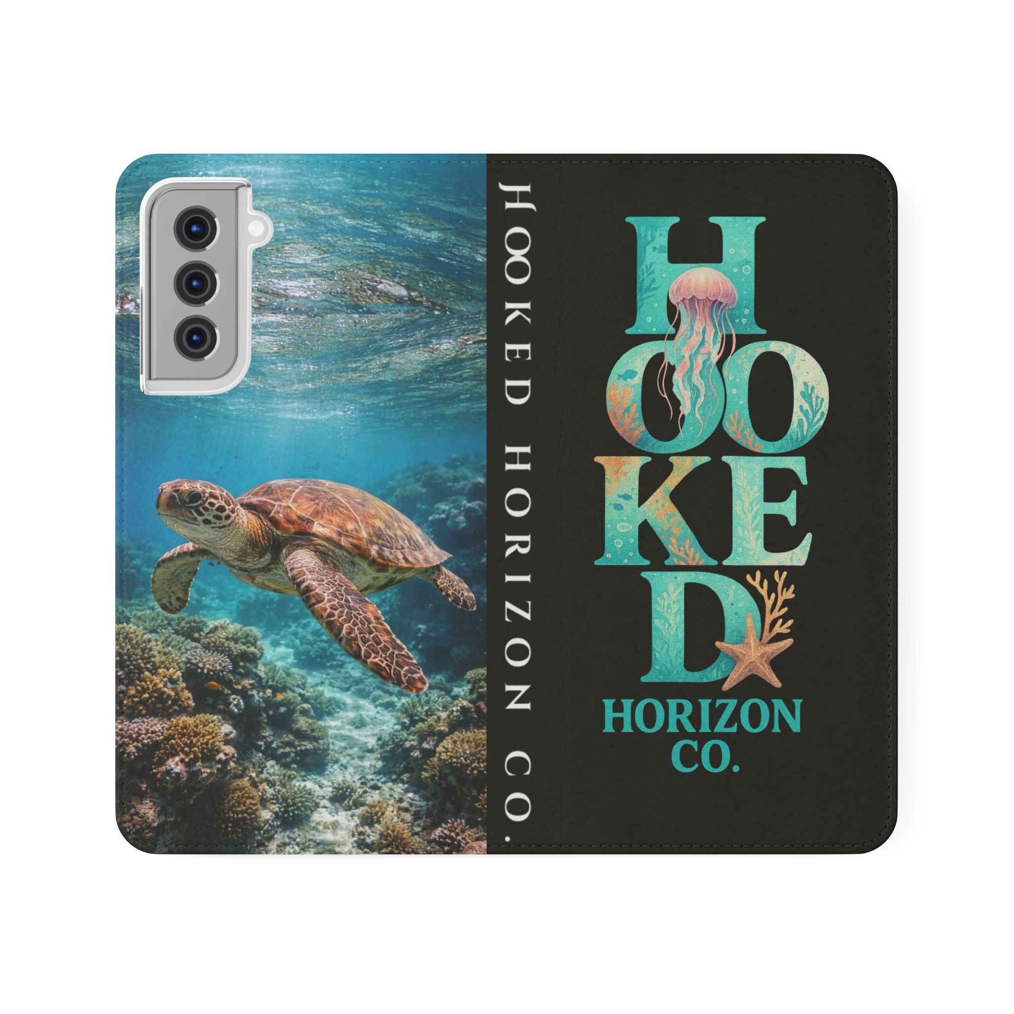 Turtle Hooked Horizon Co Flip Phone Case — Turquoise Water Pattern Wallet Cover