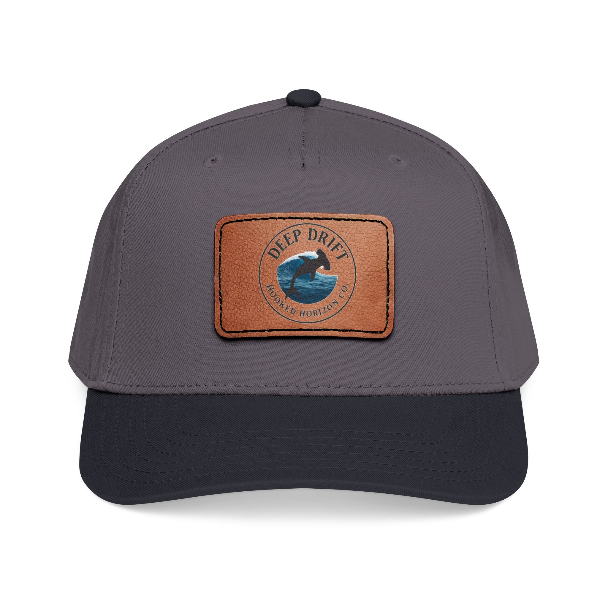Deep Drift Leather Patch Baseball Cap — Hooked Horizon Co. Ocean Wave Logo, Multiple Color Variations