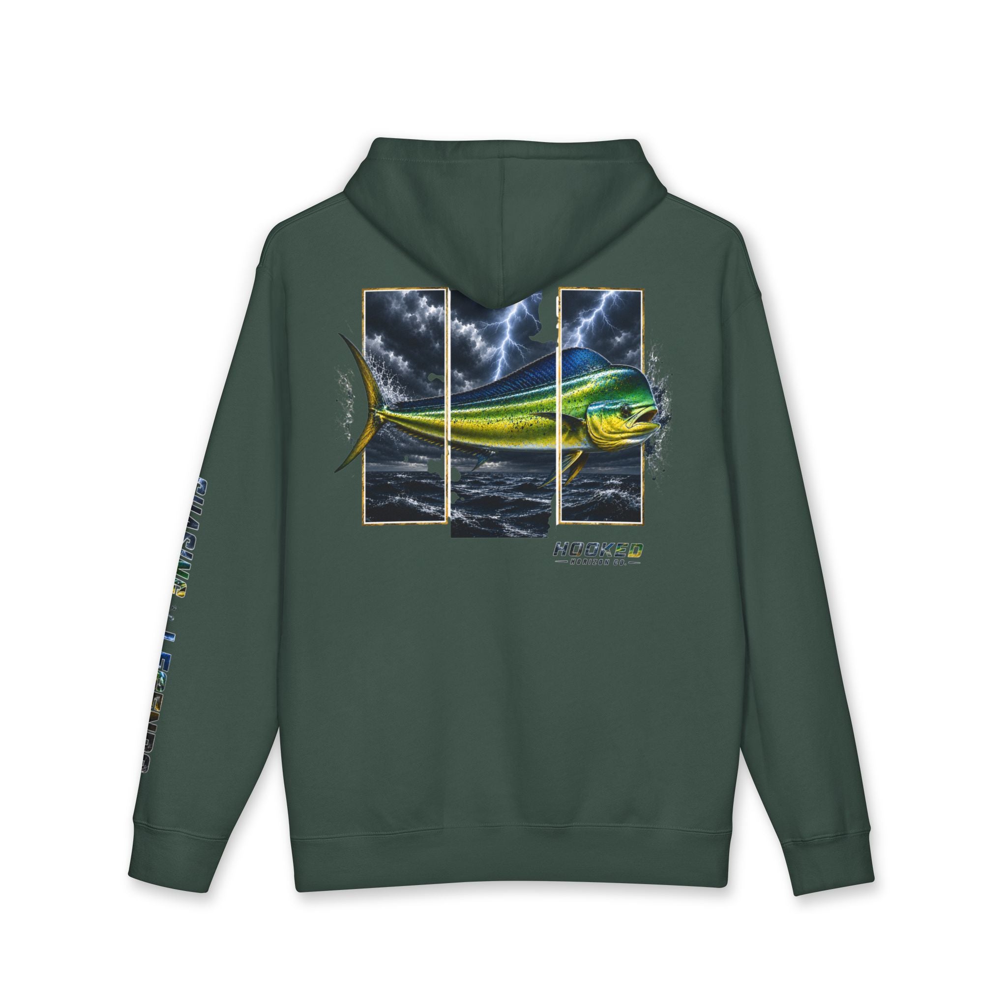 Mahi Mahi Hoodie Hooked Horizon Co. — Fishing Back Graphic Hoodie, Multiple Color Variations