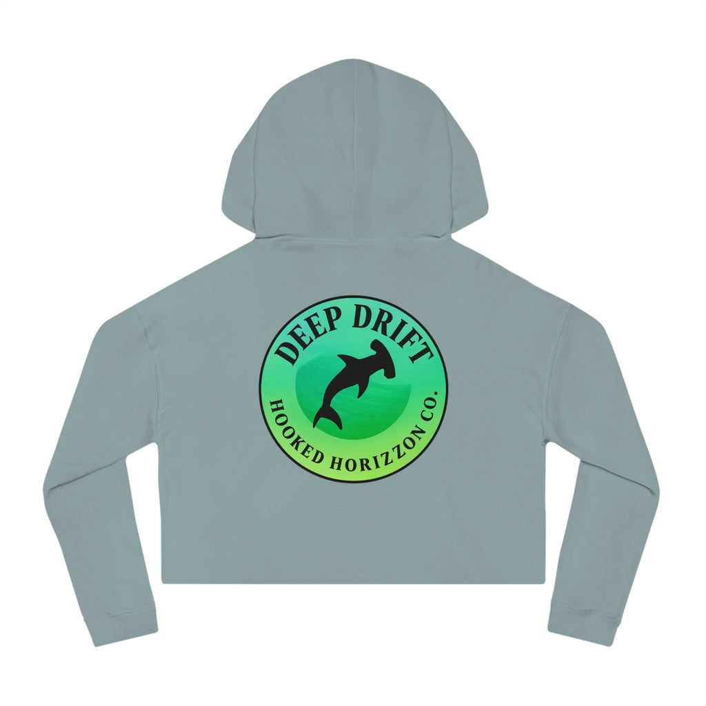 Green Hammer Head Shark Cropped Hoodie — "Deep Drift on the Water" Fishing Graphic