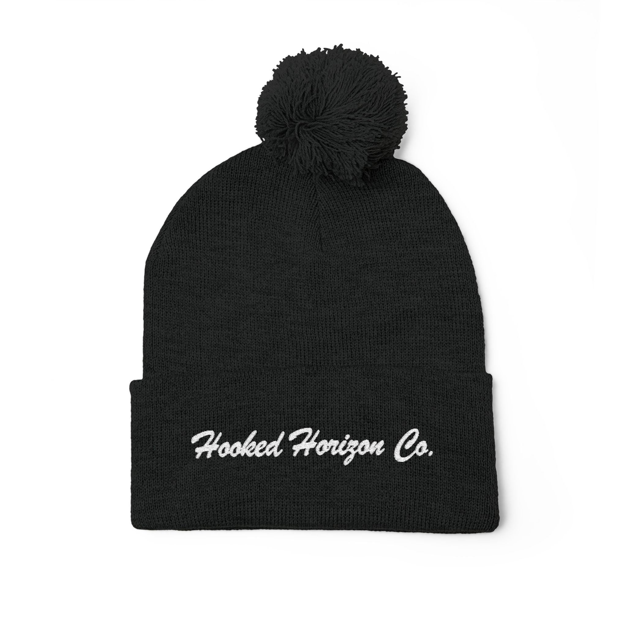 Hooked Horizon Co. Embroidered Pom-Pom Knit Cap — Cozy Grey Beanie with Multiple Color Variations