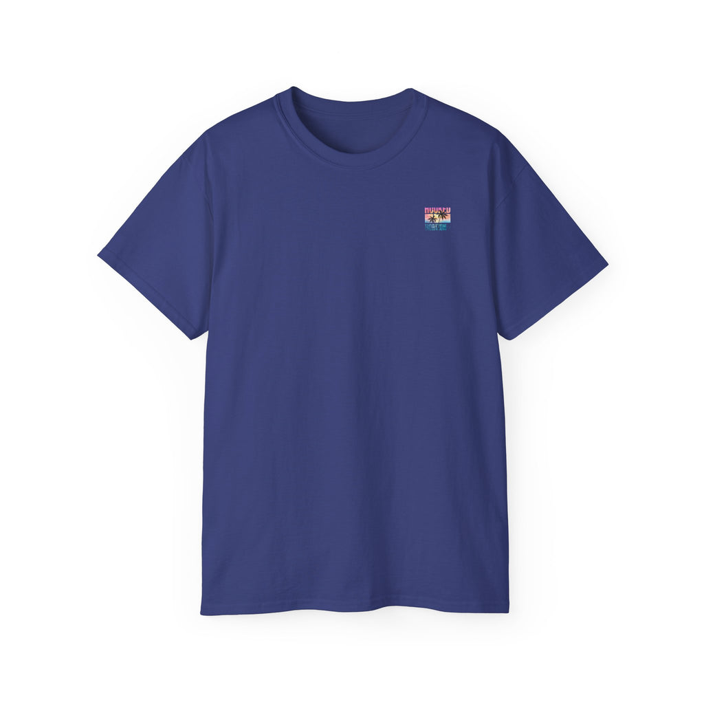 Sunset & Palm Tree T-Shirt — "Hooked" Boat & Horizon Graphic Tee, Multiple Color Variations