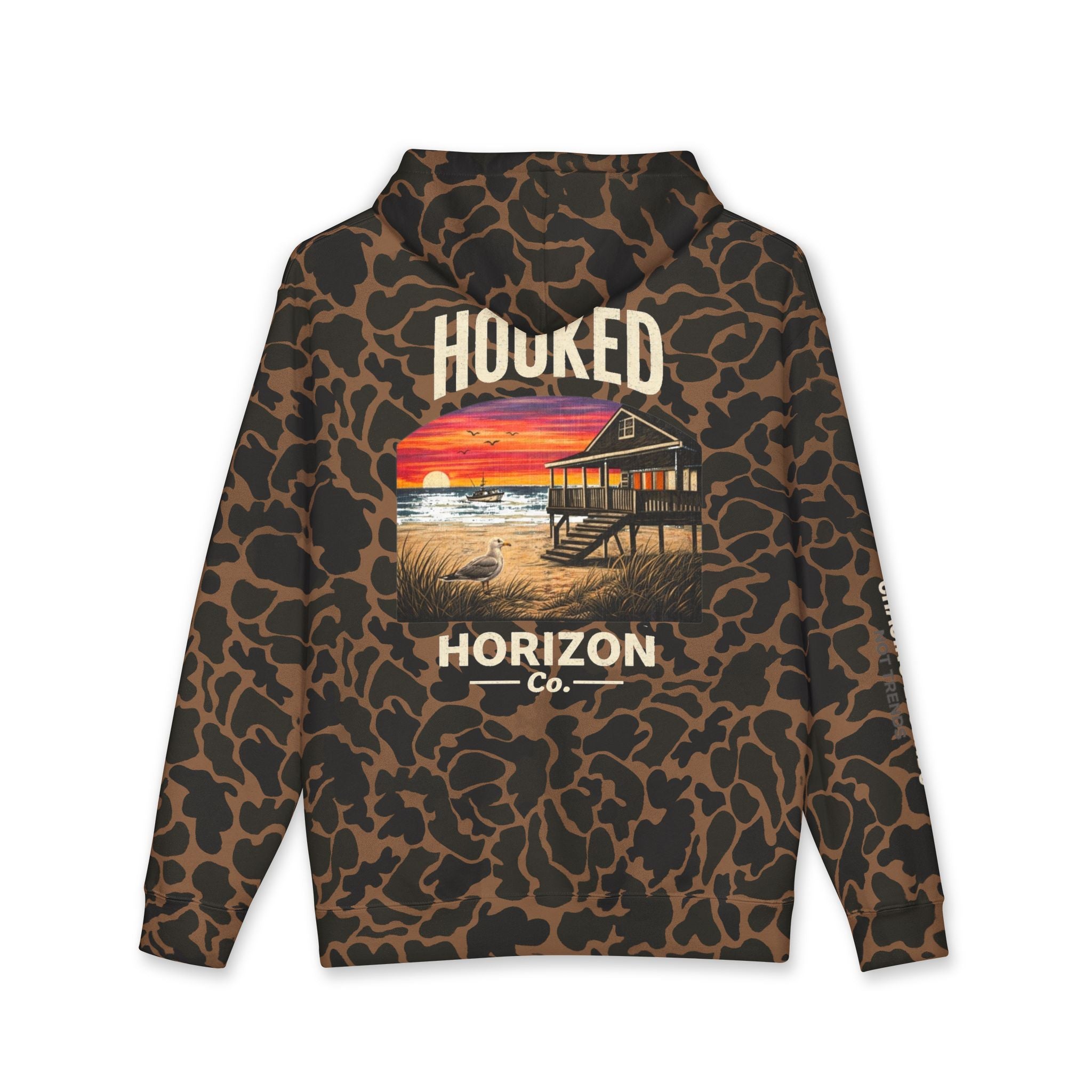 Seagull & Red Sunset Hoodie Hooked Horizon Co. — Minimal Fishing Back Graphic Hoodie, Multiple Color Variations