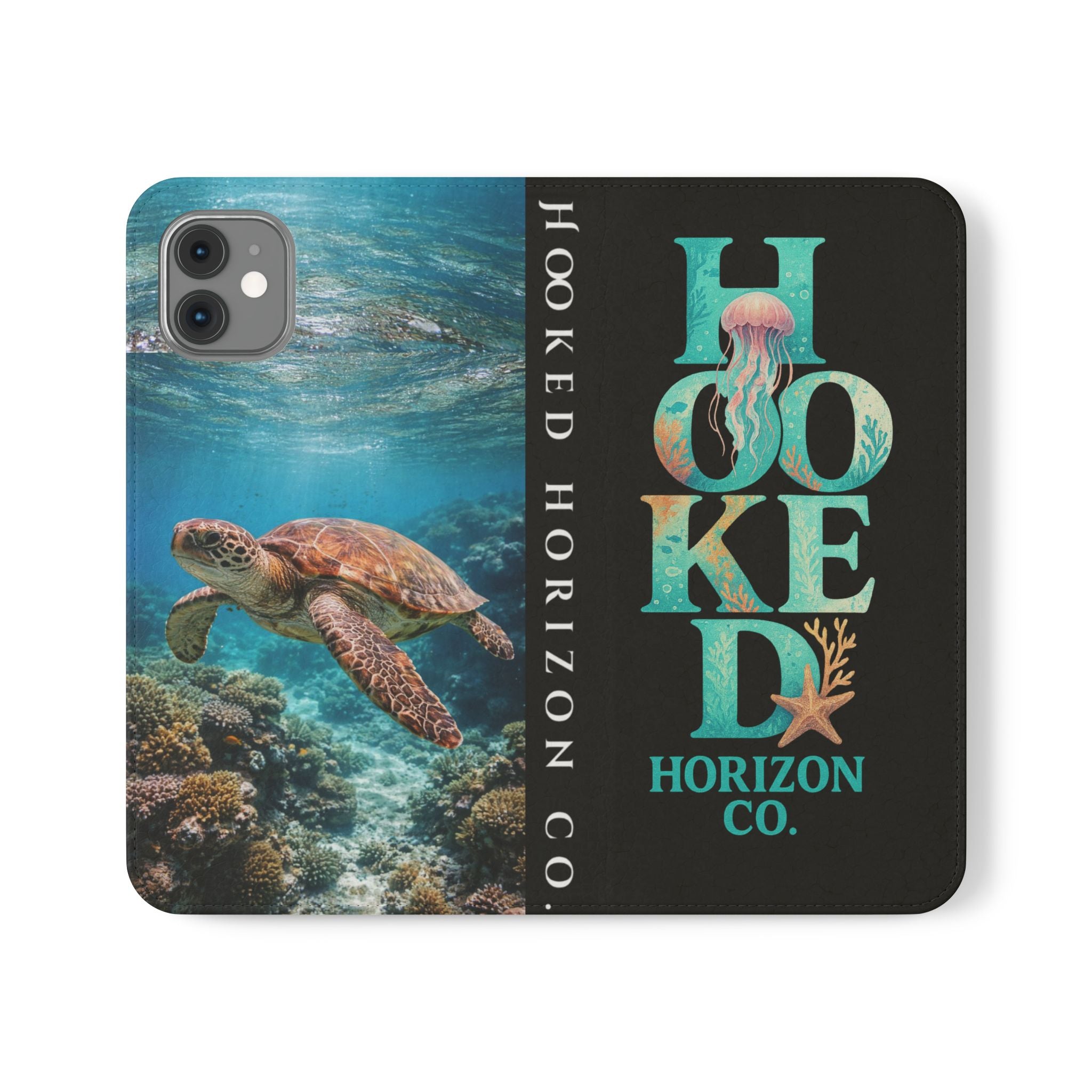 Turtle Hooked Horizon Co Flip Phone Case — Turquoise Water Pattern Wallet Cover