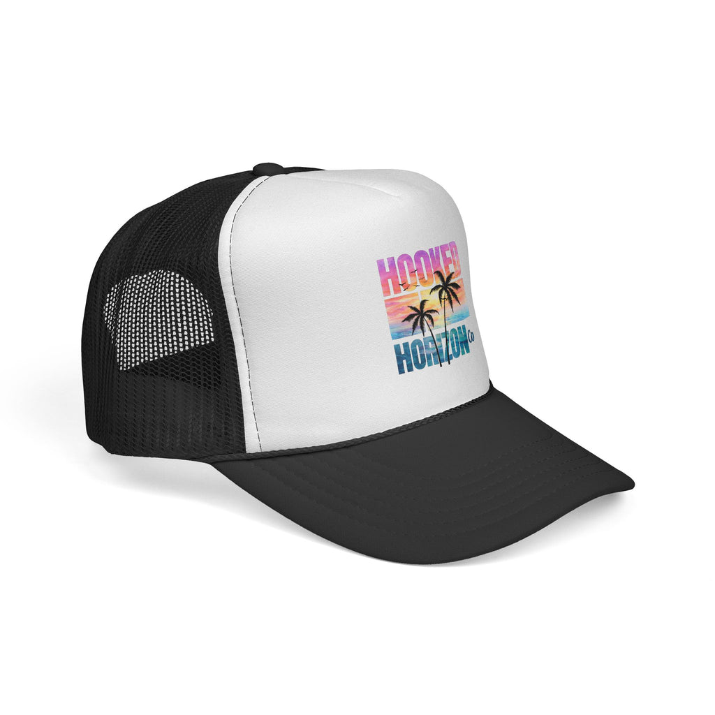 Hooked Horizon Co.  Sunset & Palm Tree 90s Inspired Trucker Cap — Outdoor & Beach Hat Ocean Conservation Gifts For Him & Her