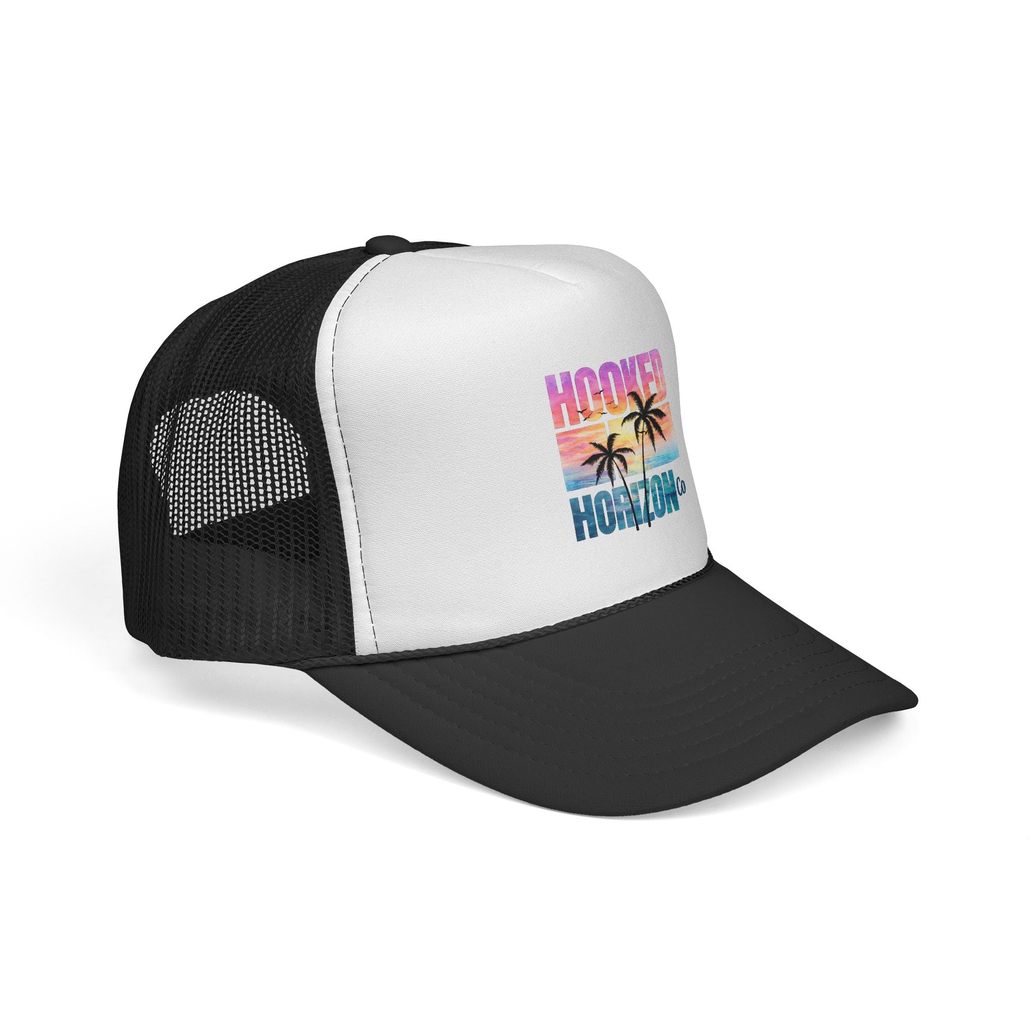 Hooked Horizon Co.  Sunset & Palm Tree 90s Inspired Trucker Cap — Outdoor & Beach Hat Ocean Conservation Gifts For Him & Her
