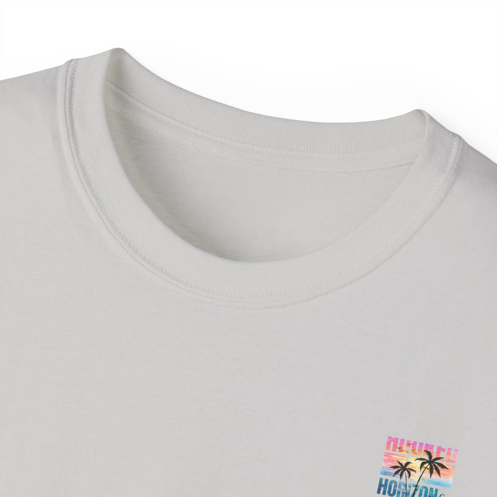 Sunset & Palm Tree T-Shirt — "Hooked" Boat & Horizon Graphic Tee, Multiple Color Variations