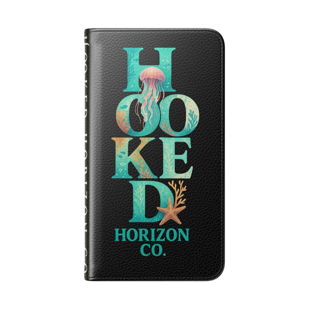 Turtle Hooked Horizon Co Flip Phone Case — Turquoise Water Pattern Wallet Cover