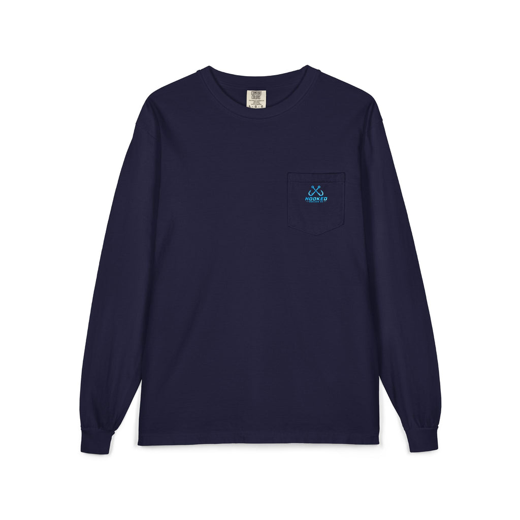 Bright Blue Hooked Horizon Co.  Classic Logo Unisex Long Sleeve Pocket T-Shirt