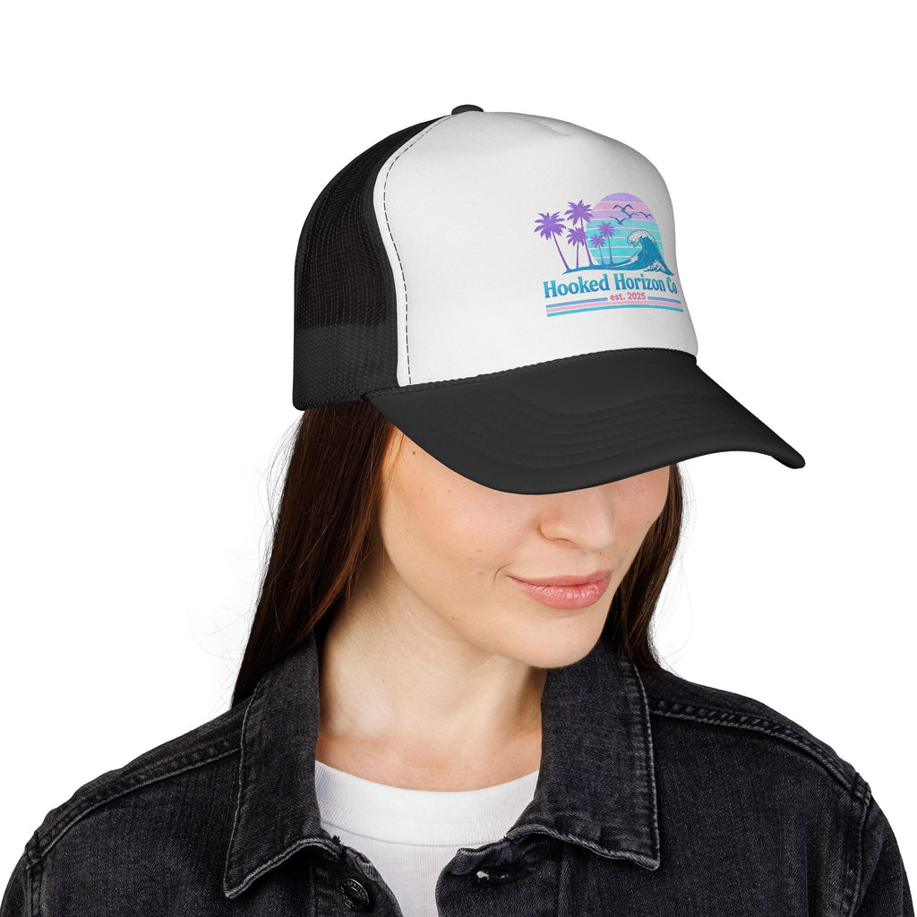 Hooked Horizon Co.  Wave, Sunset & Palm Tree 90s Inspired Trucker Cap in Purple & Blue — Outdoor & Beach Hat Ocean Conservation Gifts For Him & Her