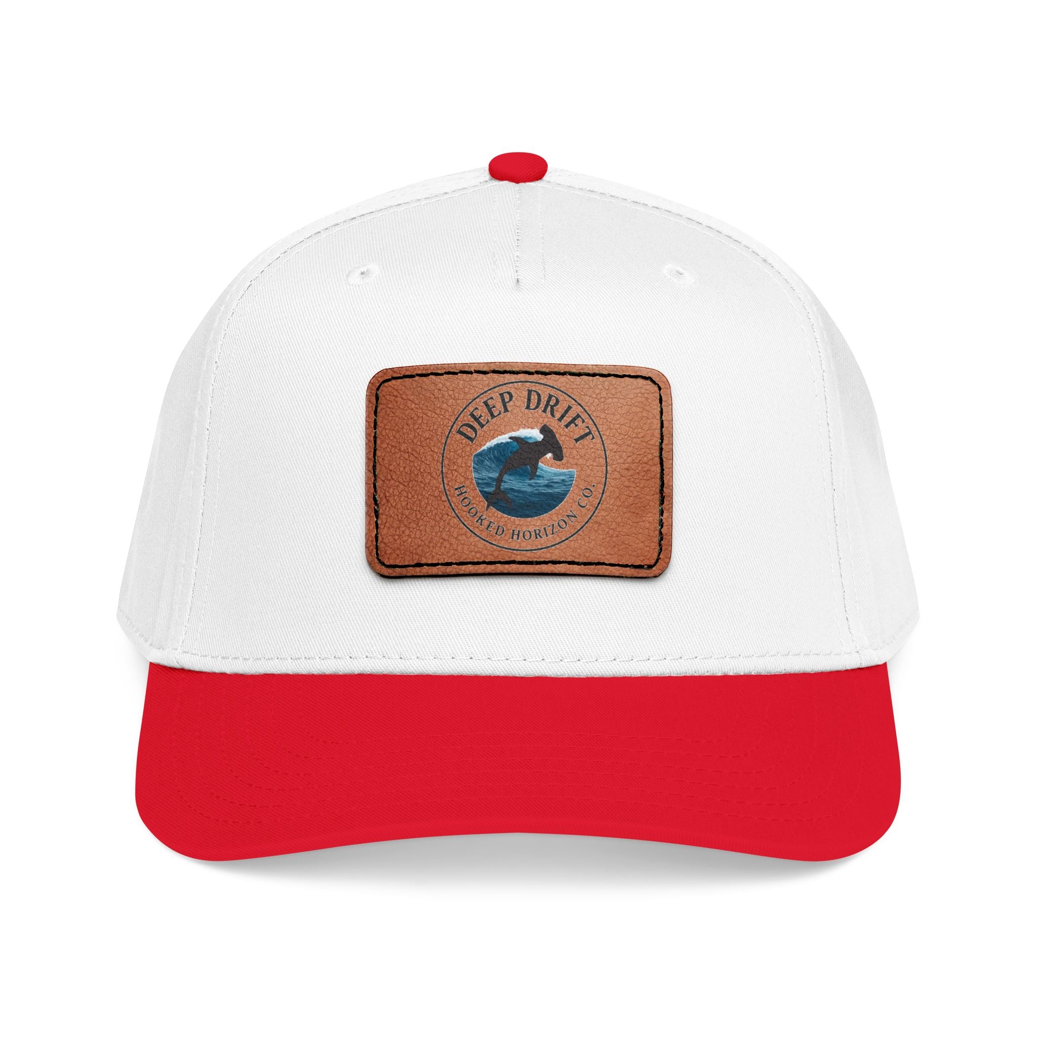 Deep Drift Leather Patch Baseball Cap — Hooked Horizon Co. Ocean Wave Logo, Multiple Color Variations