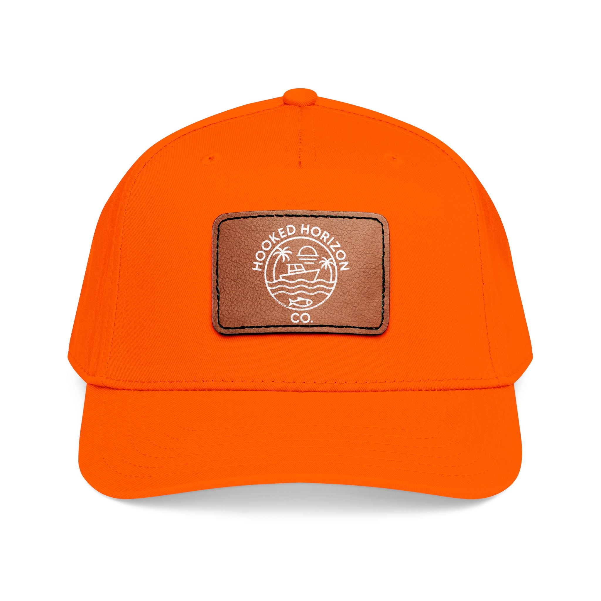 Hooked Horizon Co. 80s Inspired Logo–Leather Patch Baseball Cap — Hooked Horizon Co. Fishing Boat, Multiple Color Variations